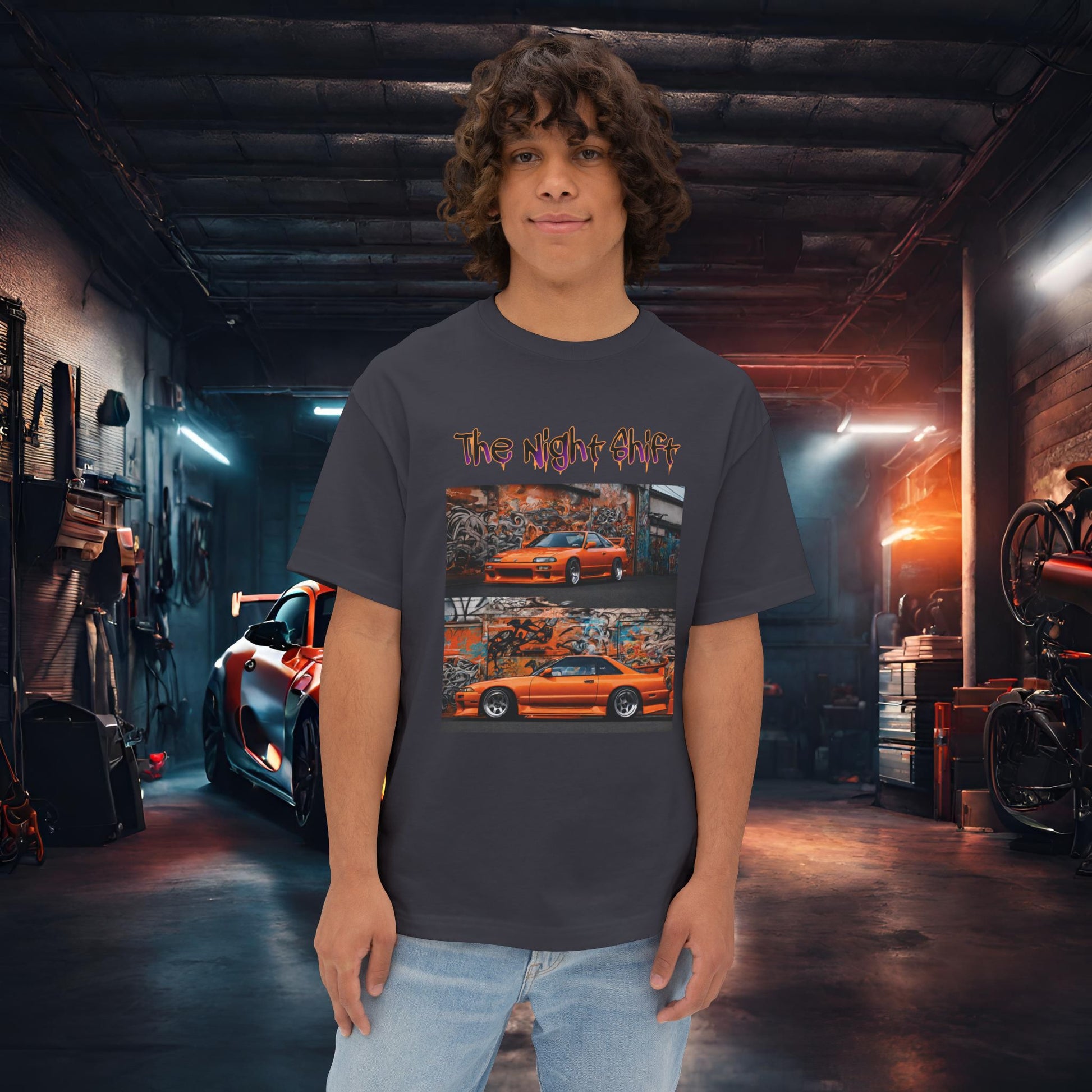 Nissan 240sx Double Stack Graffiti-Premium, Ultra Soft Unisex Oversized Boxy Tee Dark Grey Printify by The Night Shift Automotive Apparel
