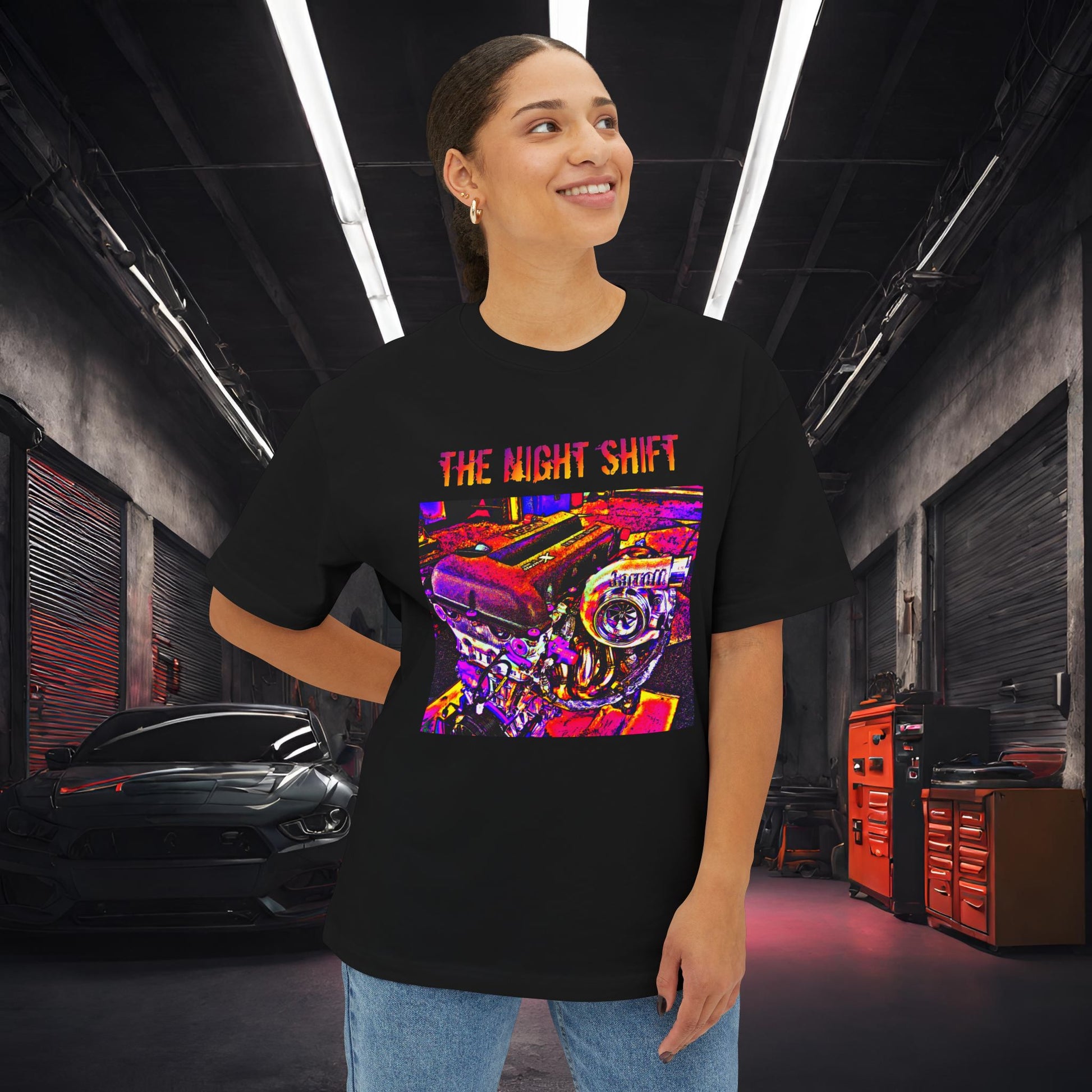 SR20DET Synthwave-Premium, Ultra Soft Unisex Oversized Boxy Tee Printify by The Night Shift Automotive Apparel