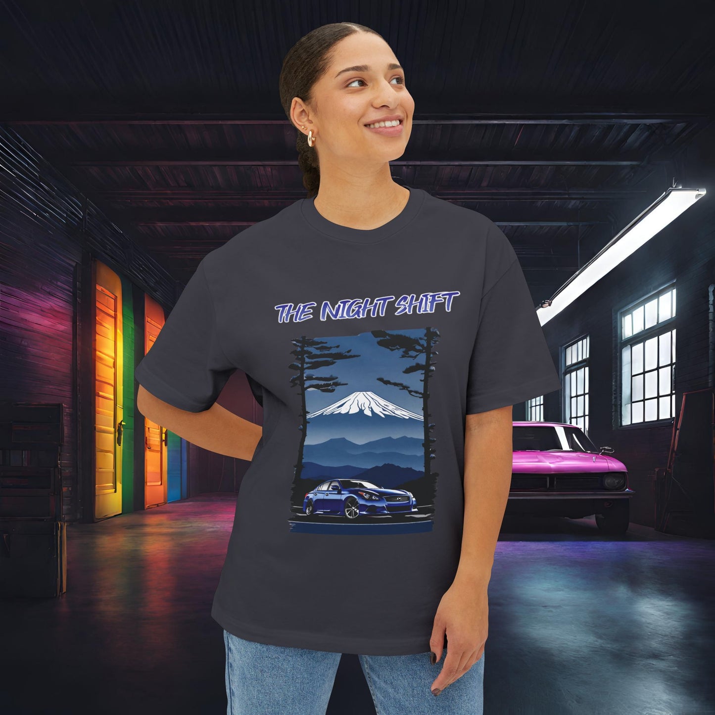 Infiniti G37 Sedan Mt Fuji-Premium, Ultra Soft Unisex Oversized Boxy Tee Printify by The Night Shift Automotive Apparel