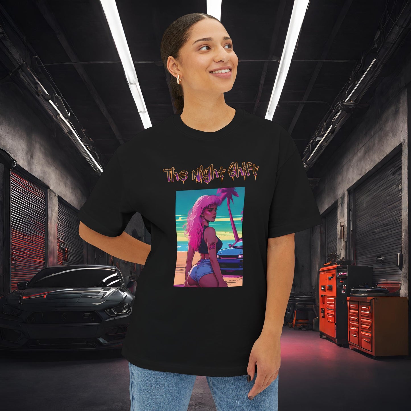 Pink Hair, Don't Care Synthwave-Premium, Ultra Soft Unisex Oversized Boxy Tee Printify by The Night Shift Automotive Apparel