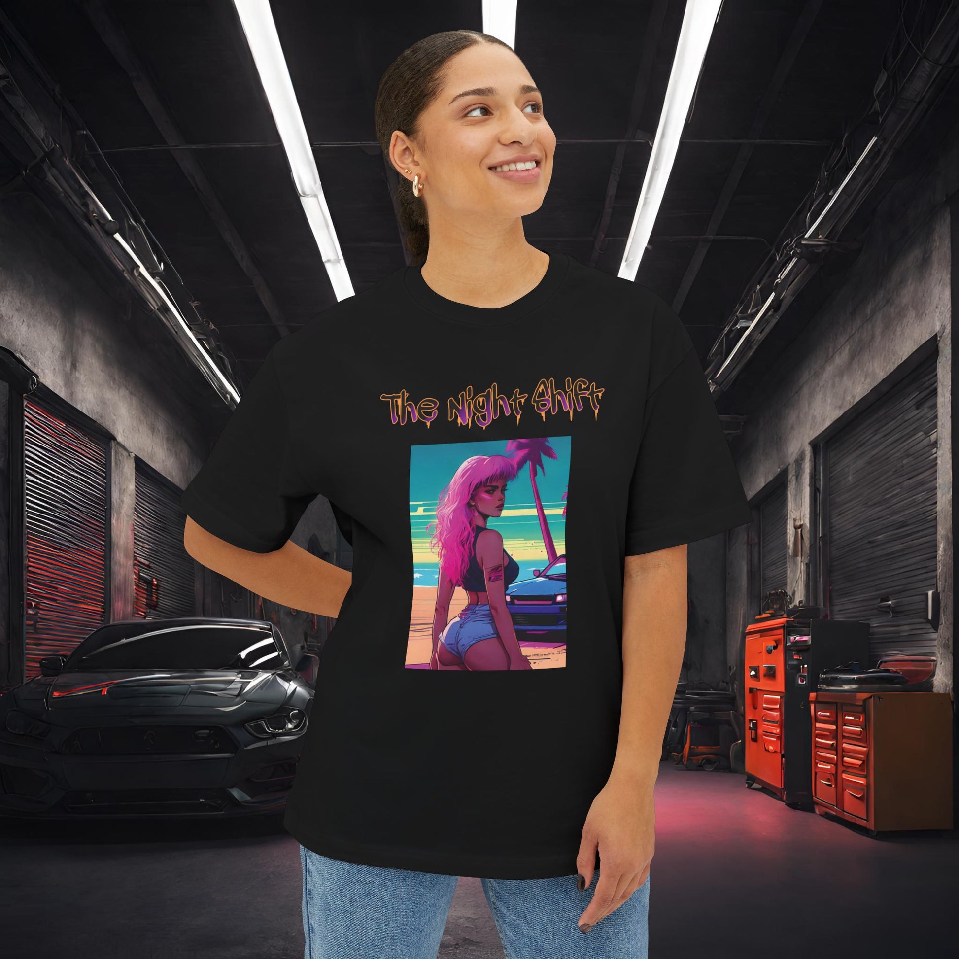 Pink Hair, Don't Care Synthwave-Premium, Ultra Soft Unisex Oversized Boxy Tee Printify by The Night Shift Automotive Apparel