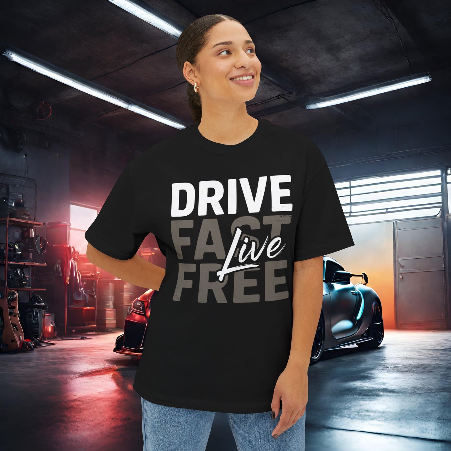 Drive Fast, Live Free-Premium, Ultra Soft Unisex Oversized Boxy Tee