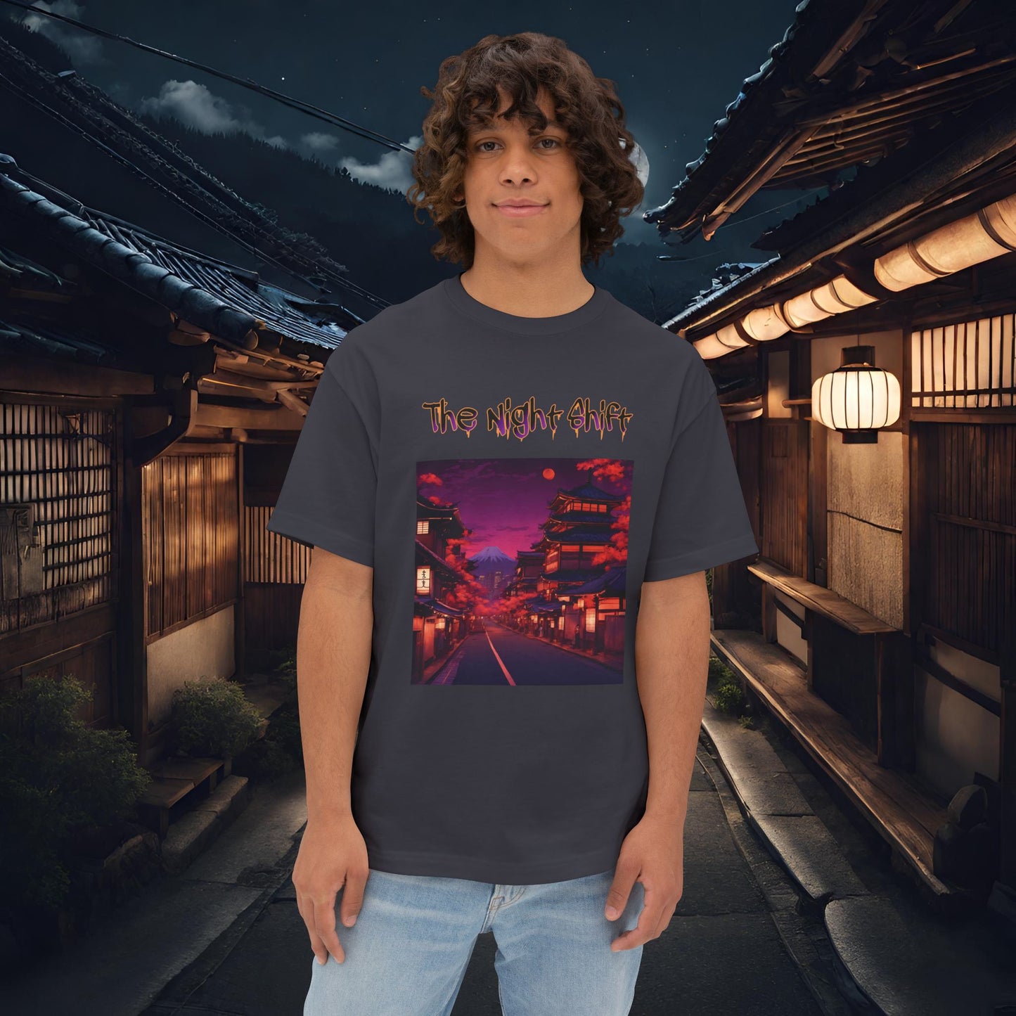 Japan Nights-Premium, Ultra Soft Unisex Oversized Boxy Tee Dark Grey Printify by The Night Shift Automotive Apparel
