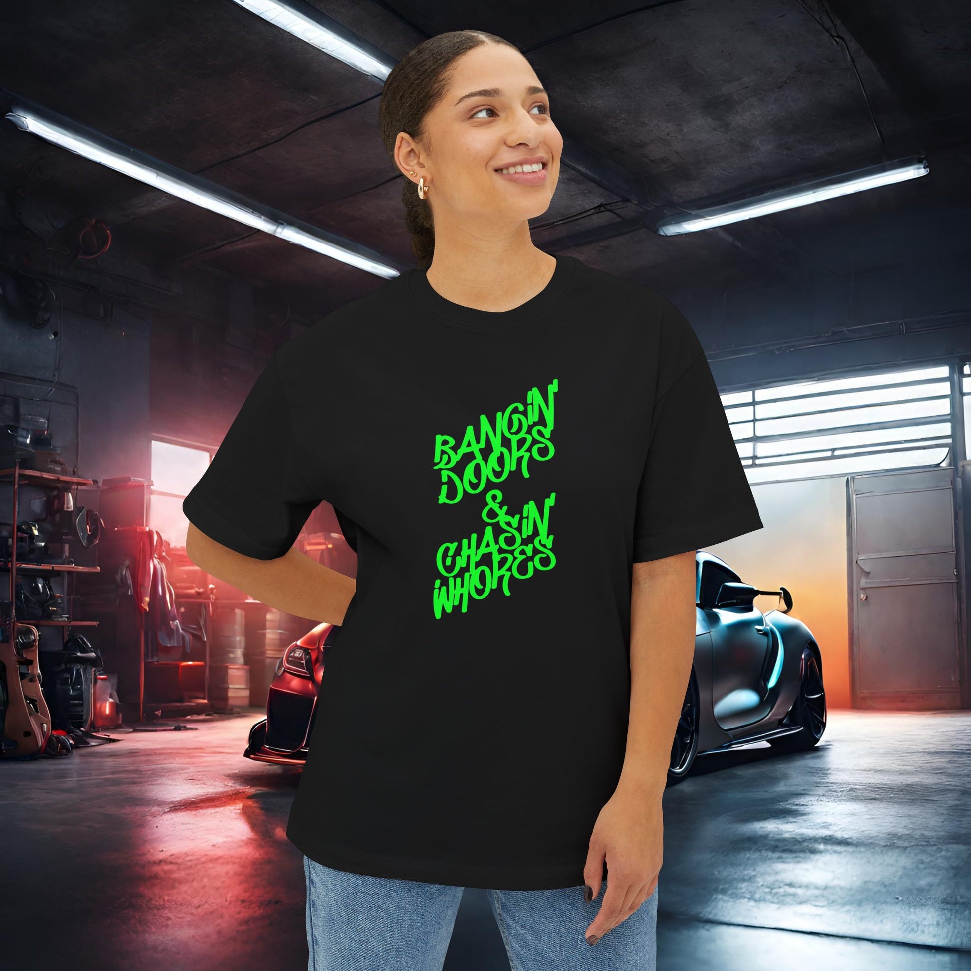 Bangin' Doors & Chasin' Whores-Premium, Ultra Soft Unisex Oversized Boxy Tee Printify by The Night Shift Automotive Apparel