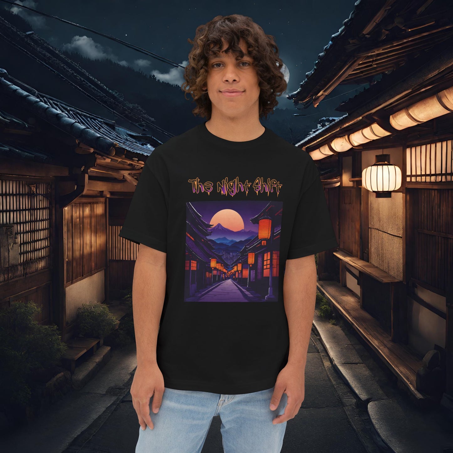 Moonlit Japanese Traditional Village-Premium, Ultra Soft Unisex Oversized Boxy Tee Black Printify by The Night Shift Automotive Apparel