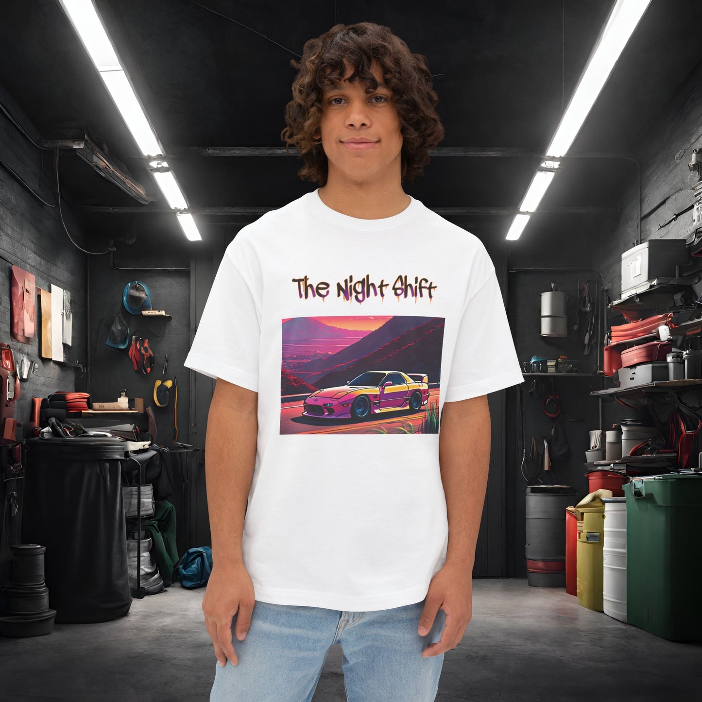 Mazda RX7 Synthwave-Premium, Ultra Soft Unisex Oversized Boxy Tee White Printify by The Night Shift Automotive Apparel