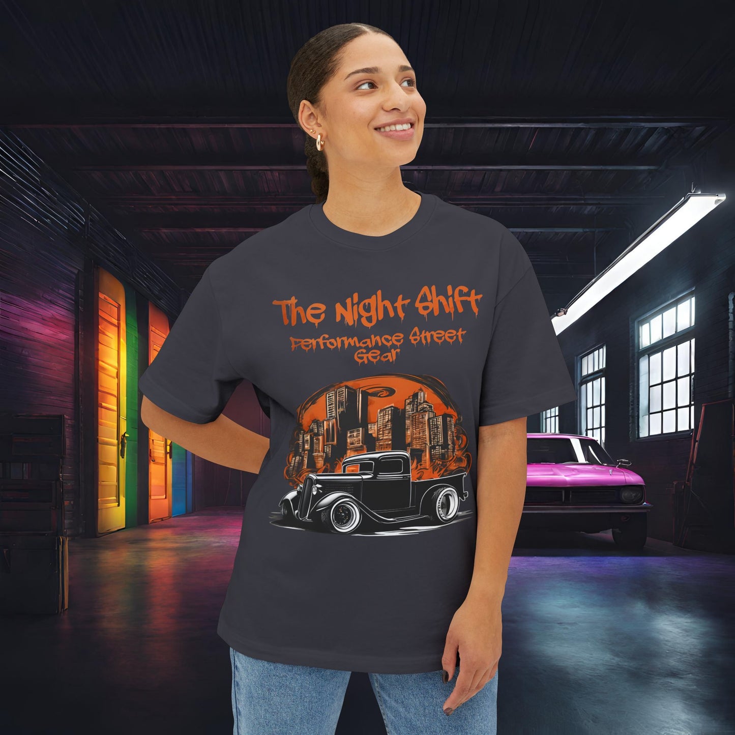 1930's Hot Rod Pick Up Urban Streets-Premium, Ultra Soft Unisex Oversized Boxy Tee Printify by The Night Shift Automotive Apparel