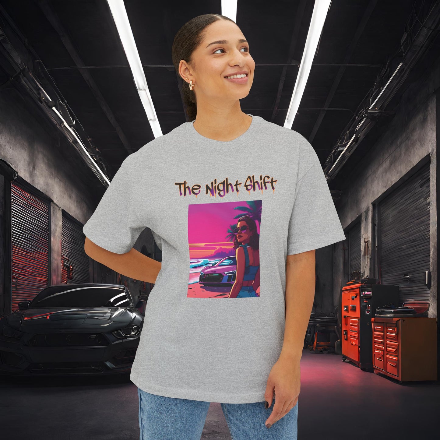 Audi R8 Beach Cruise Synthwave-Premium, Ultra Soft Unisex Oversized Boxy Tee Printify by The Night Shift Automotive Apparel