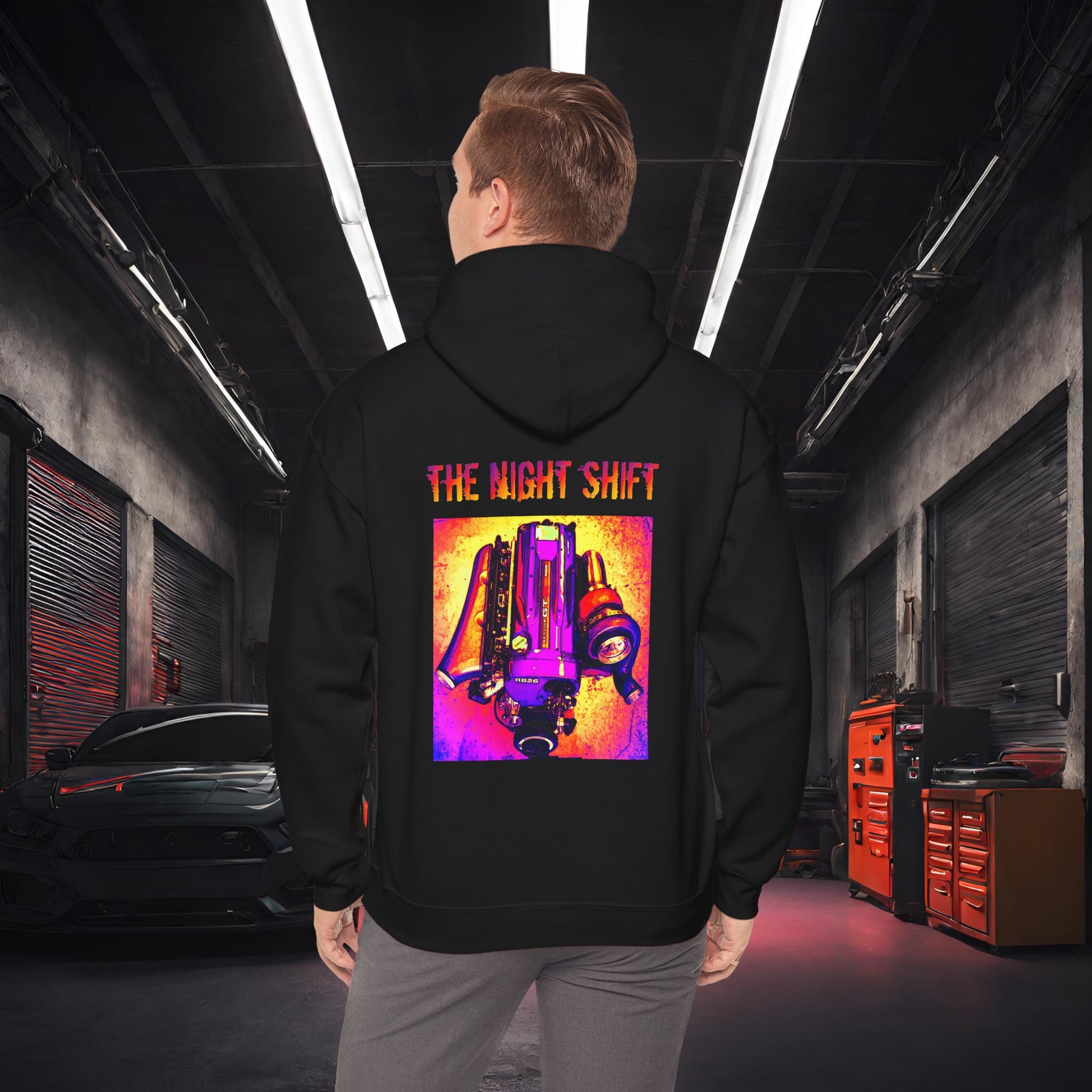 RB26DETT Synthwave-Premium, Ultra Soft Unisex Hoodie Black Printify by The Night Shift Automotive Apparel
