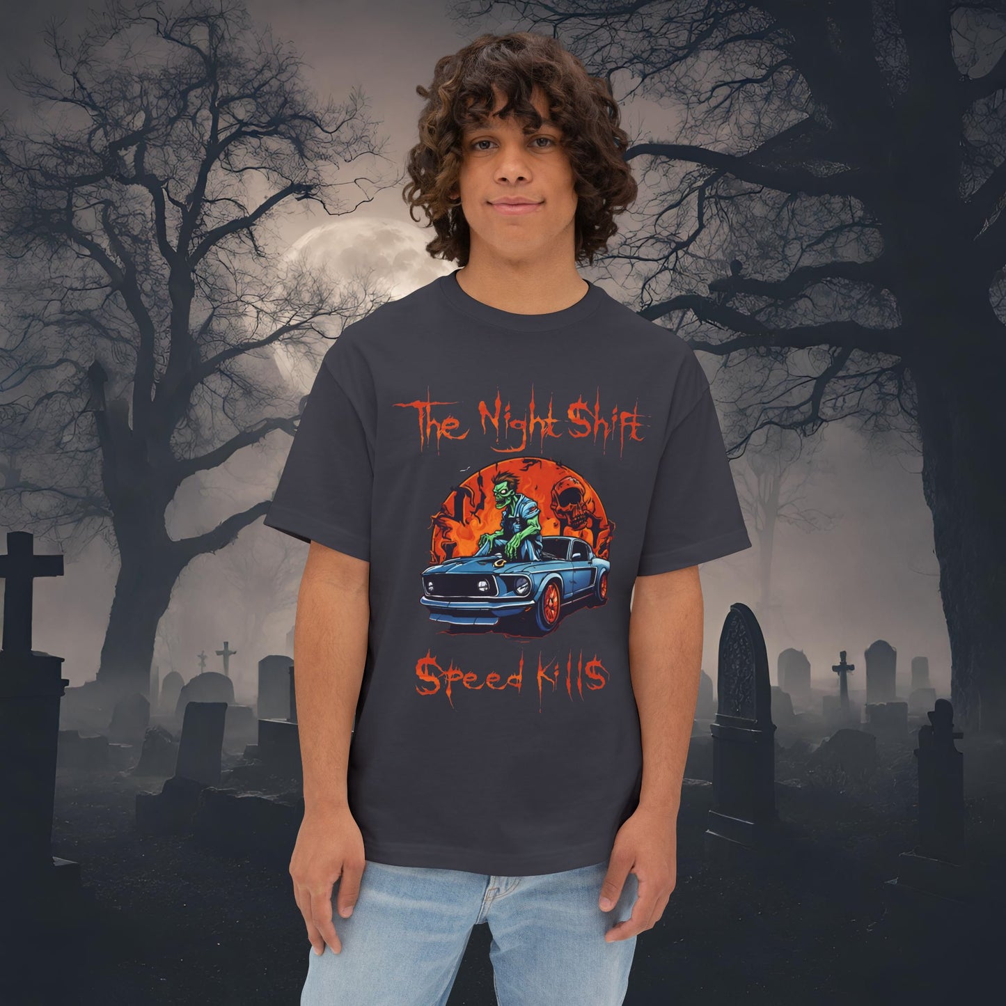 Speed Kills Zombie Mustang-Premium, Ultra Soft Unisex Oversized Boxy Tee Dark Grey Printify by The Night Shift Automotive Apparel