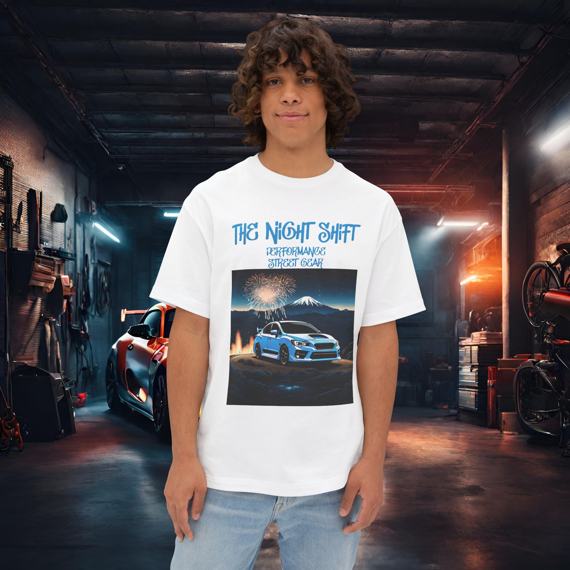 Subaru WRX/STI Fireworks In The Mountains - Premium, Ultra Soft Unisex Oversized Boxy Tee White Printify by The Night Shift Automotive Apparel