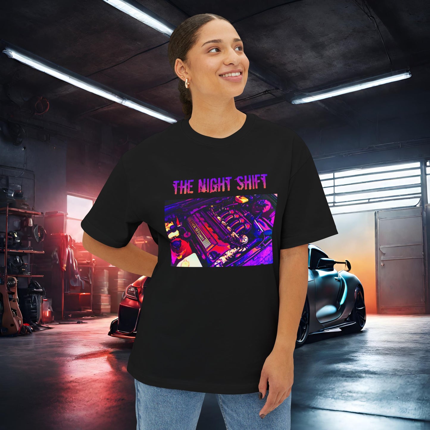 S50B32 Synthwave-Premium, Ultra Soft Unisex Oversized Boxy Tee Printify by The Night Shift Automotive Apparel