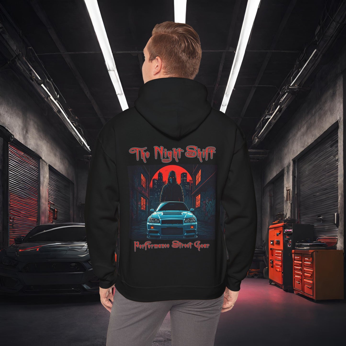 Nissan Skyline R34 GTR Masked Up-Ultra Soft, Premium Hoodie Black Printify by The Night Shift Automotive Apparel