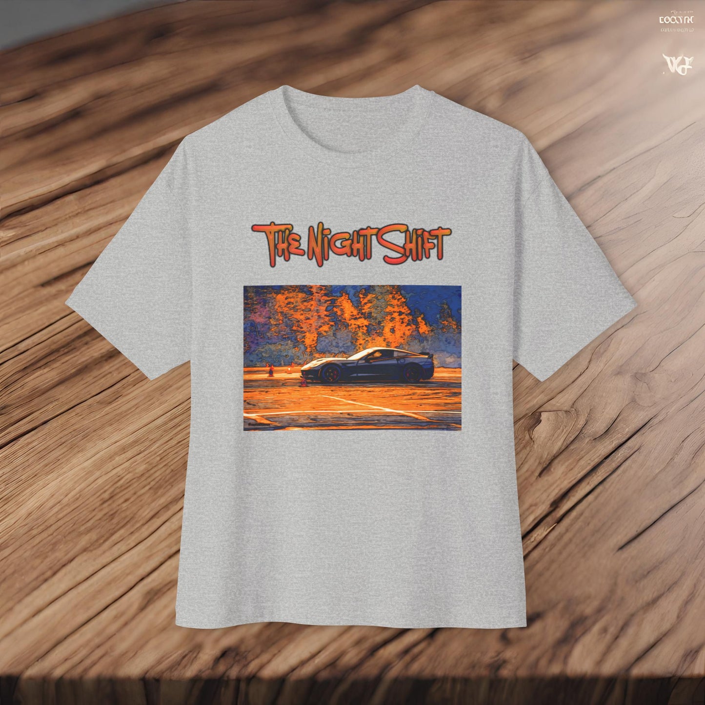 Chevy Corvette C7 Drifting Nedco NHMS-Premium, Ultra Soft Unisex Oversized Boxy Tee Printify by The Night Shift Automotive Apparel