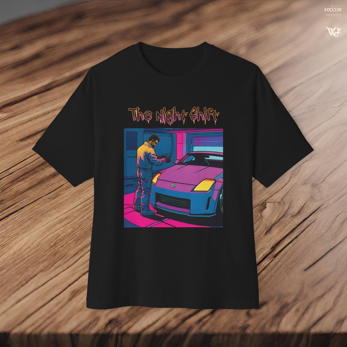 Nissan 350z Garage Queen Synthwave-Premium, Ultra Soft Unisex Oversized Boxy Tee Printify by The Night Shift Automotive Apparel
