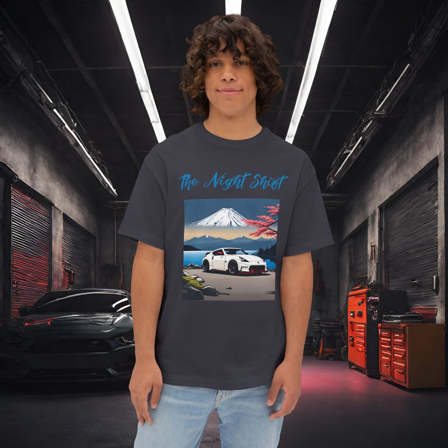 Nissan 370 Mt Fuji-Premium, Ultra Soft, Unisex Oversized Boxy Tee Dark Grey Printify by The Night Shift Automotive Apparel