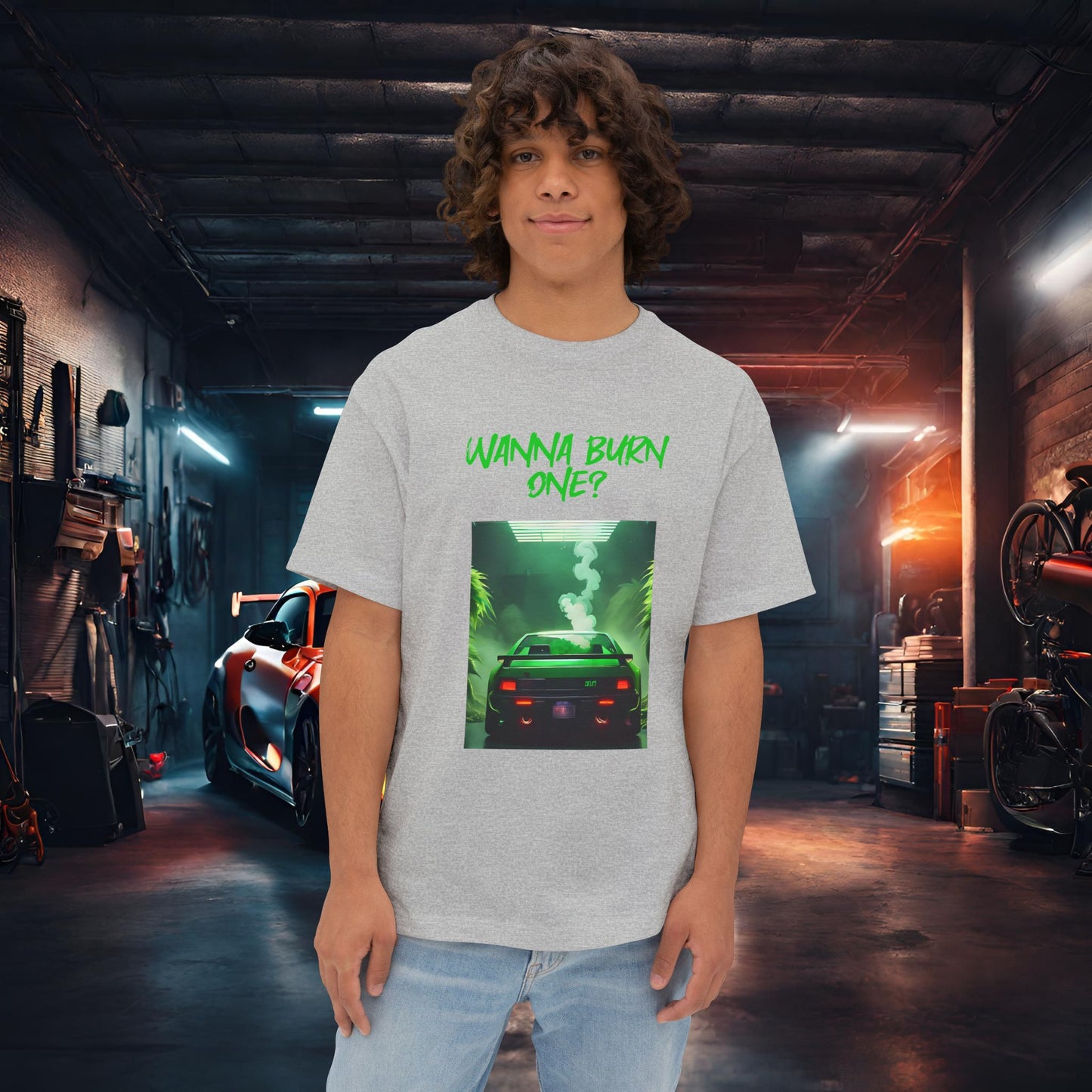 Wanna Burn One-Premium, Ultra Soft Unisex Oversized Boxy Tee Athletic Heather Printify by The Night Shift Automotive Apparel