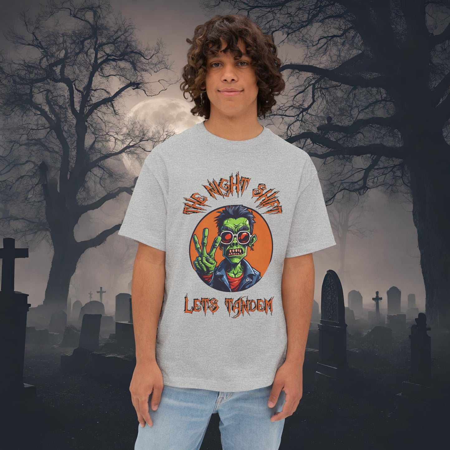 Lets Tandem Drift Zombie-Premium, Ultra Soft Unisex Oversized Boxy Tee Athletic Heather Printify by The Night Shift Automotive Apparel