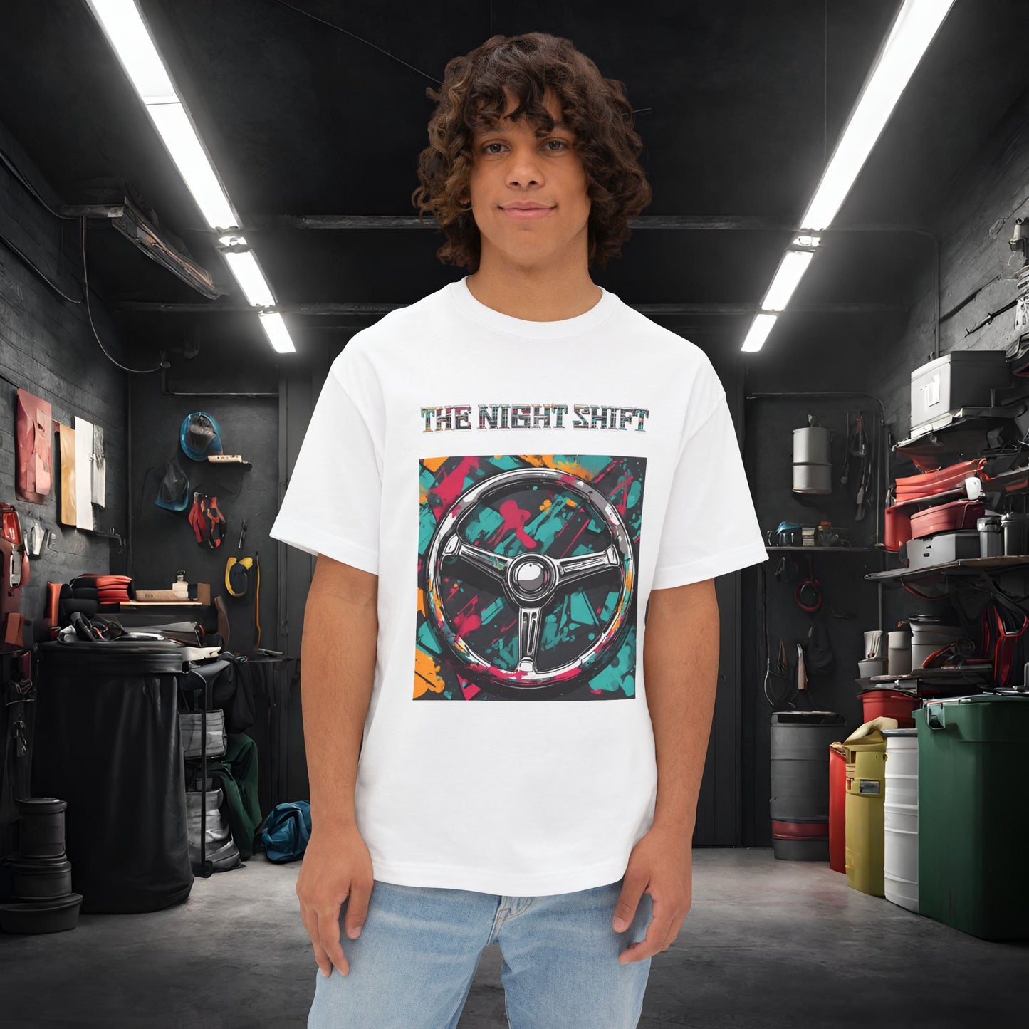 Steering Wheel-Premium, Ultra Soft Unisex Oversized Boxy Tee White Printify by The Night Shift Automotive Apparel