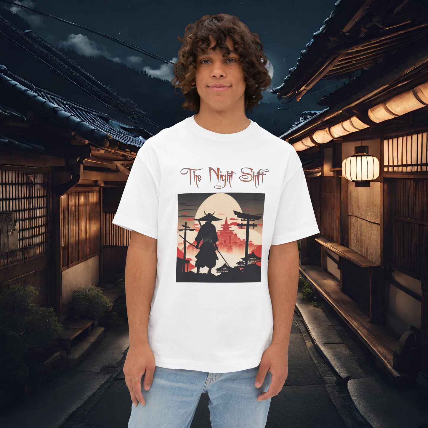 Samurai Full Moon Silhouette-Premium, Ultra Soft Unisex Oversized Boxy Tee White Printify by The Night Shift Automotive Apparel