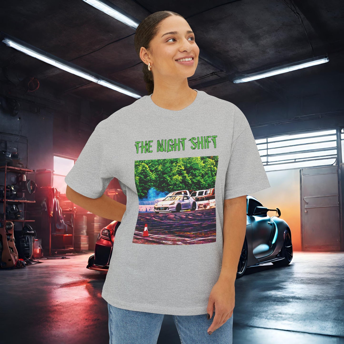 Nissan 370z Drifting Nedco NHMS-Premium, Ultra Soft Unisex Oversized Boxy Tee Printify by The Night Shift Automotive Apparel