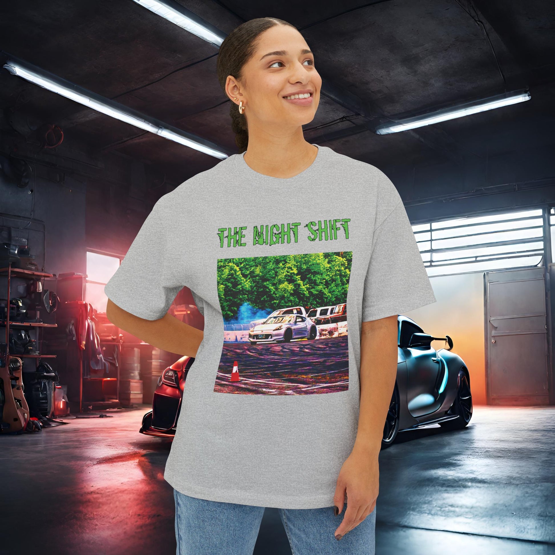 Nissan 370z Drifting Nedco NHMS-Premium, Ultra Soft Unisex Oversized Boxy Tee Printify by The Night Shift Automotive Apparel