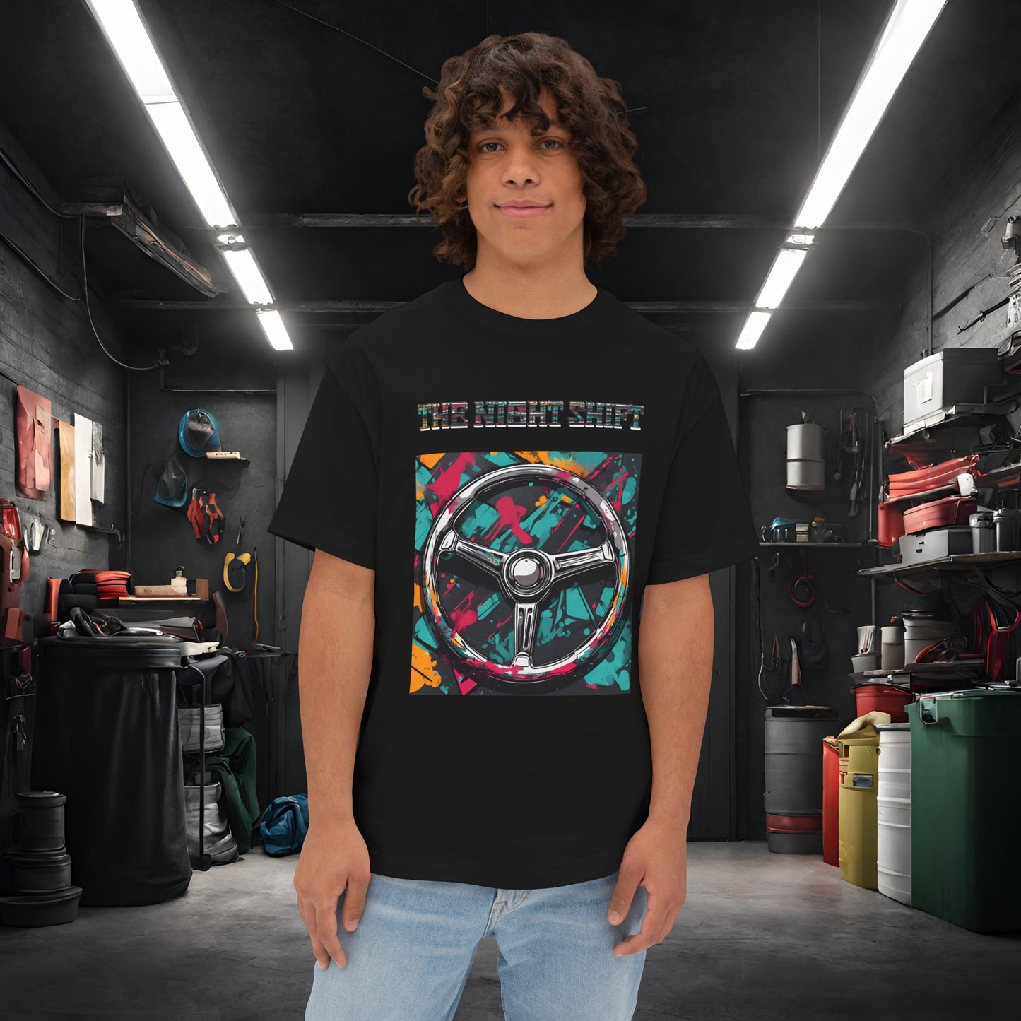 Steering Wheel-Premium, Ultra Soft Unisex Oversized Boxy Tee Black Printify by The Night Shift Automotive Apparel