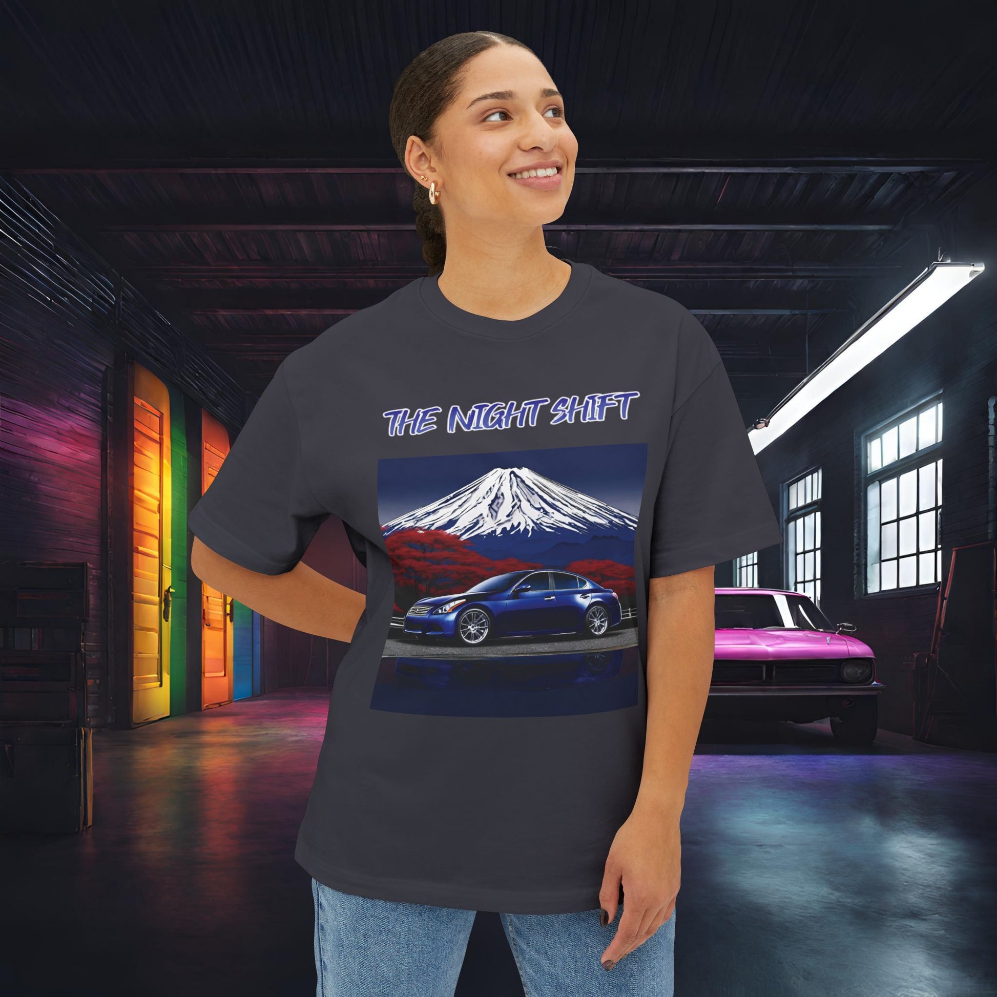 Infiniti G37 Sedan Mt Fuji-Premium, Ultra Soft Unisex Oversized Boxy Tee Printify by The Night Shift Automotive Apparel