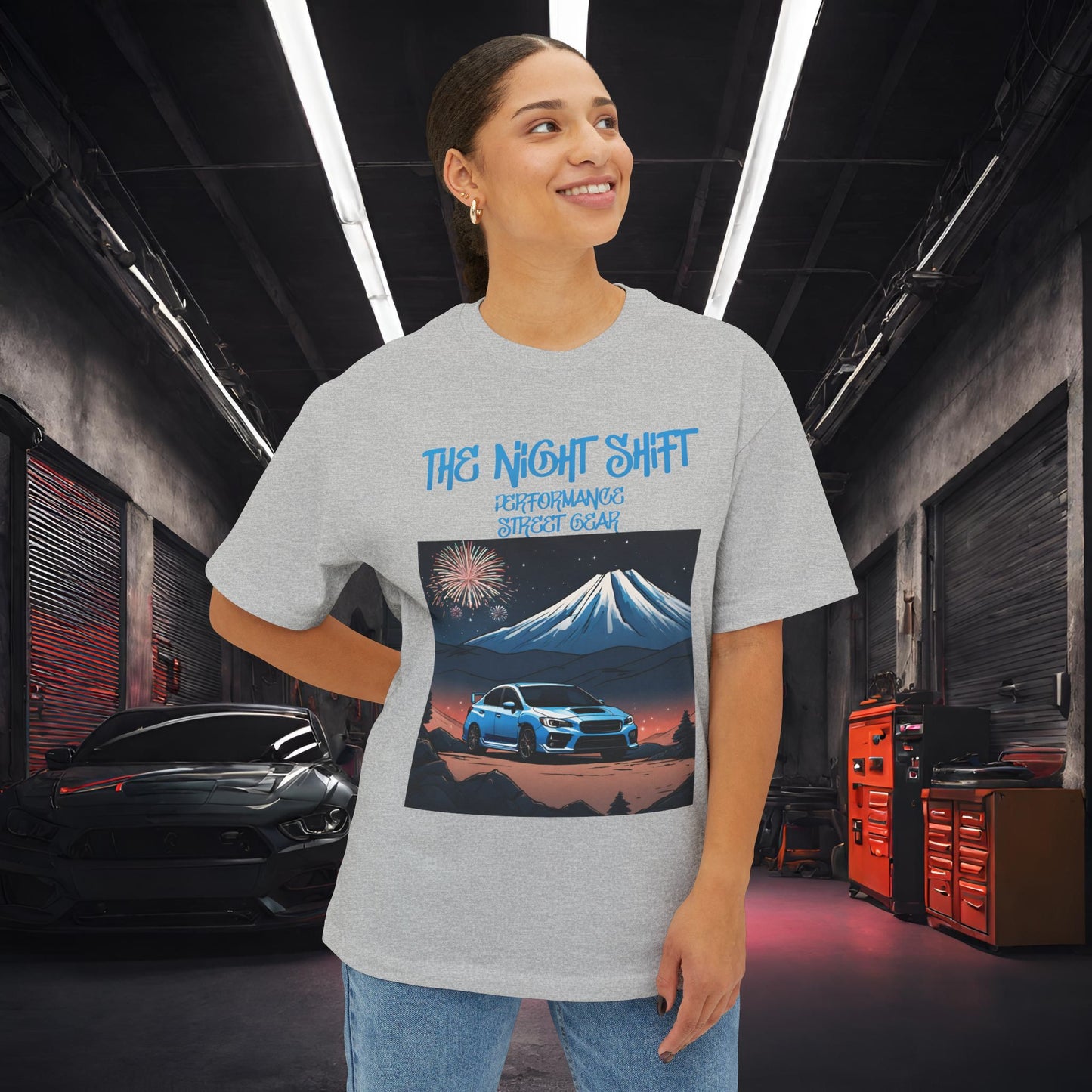 Subaru WRX/STI Fireworks In The Mountains-Premium, Ultra Soft Unisex Oversized Boxy Tee Printify by The Night Shift Automotive Apparel