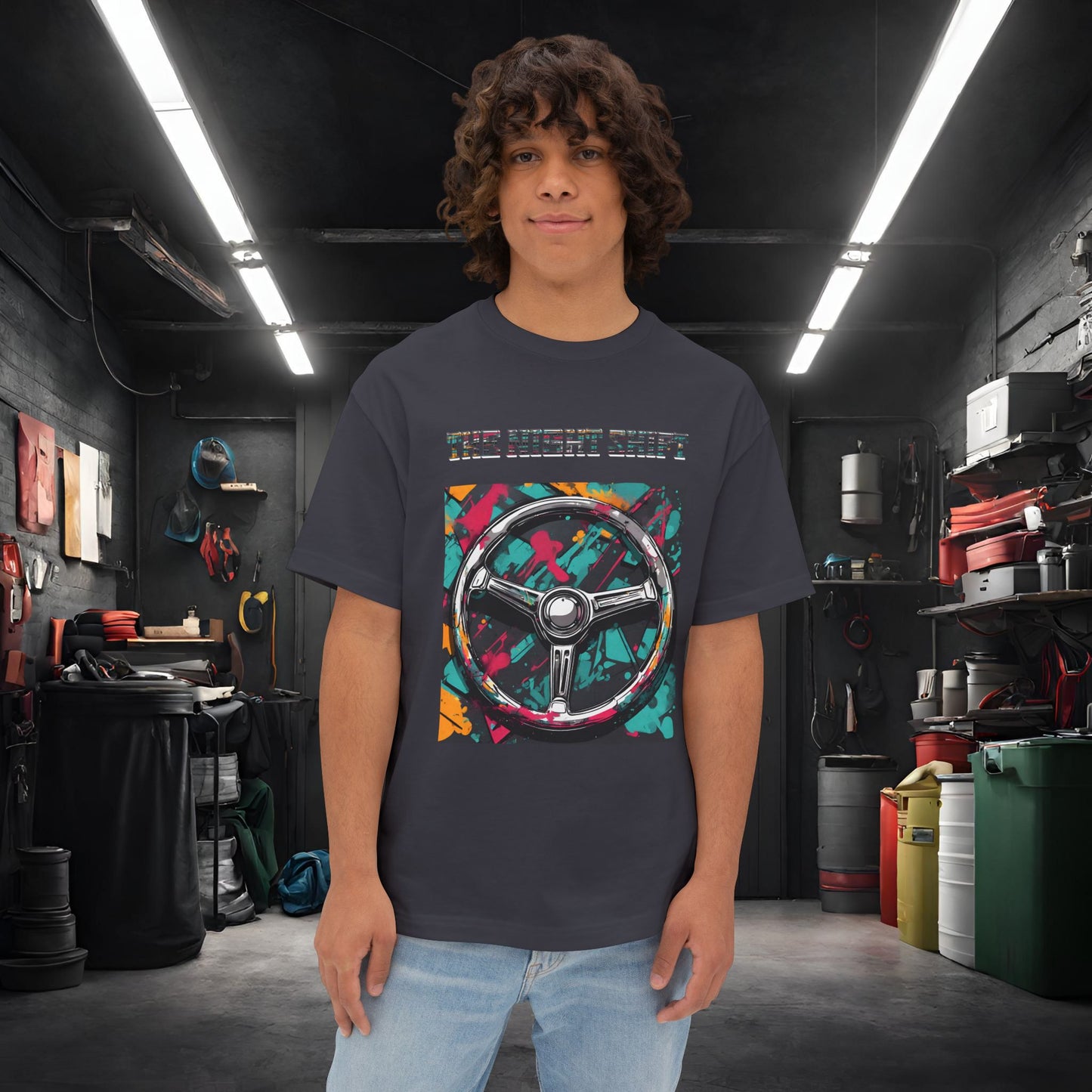 Steering Wheel-Premium, Ultra Soft Unisex Oversized Boxy Tee Dark Grey Printify by The Night Shift Automotive Apparel