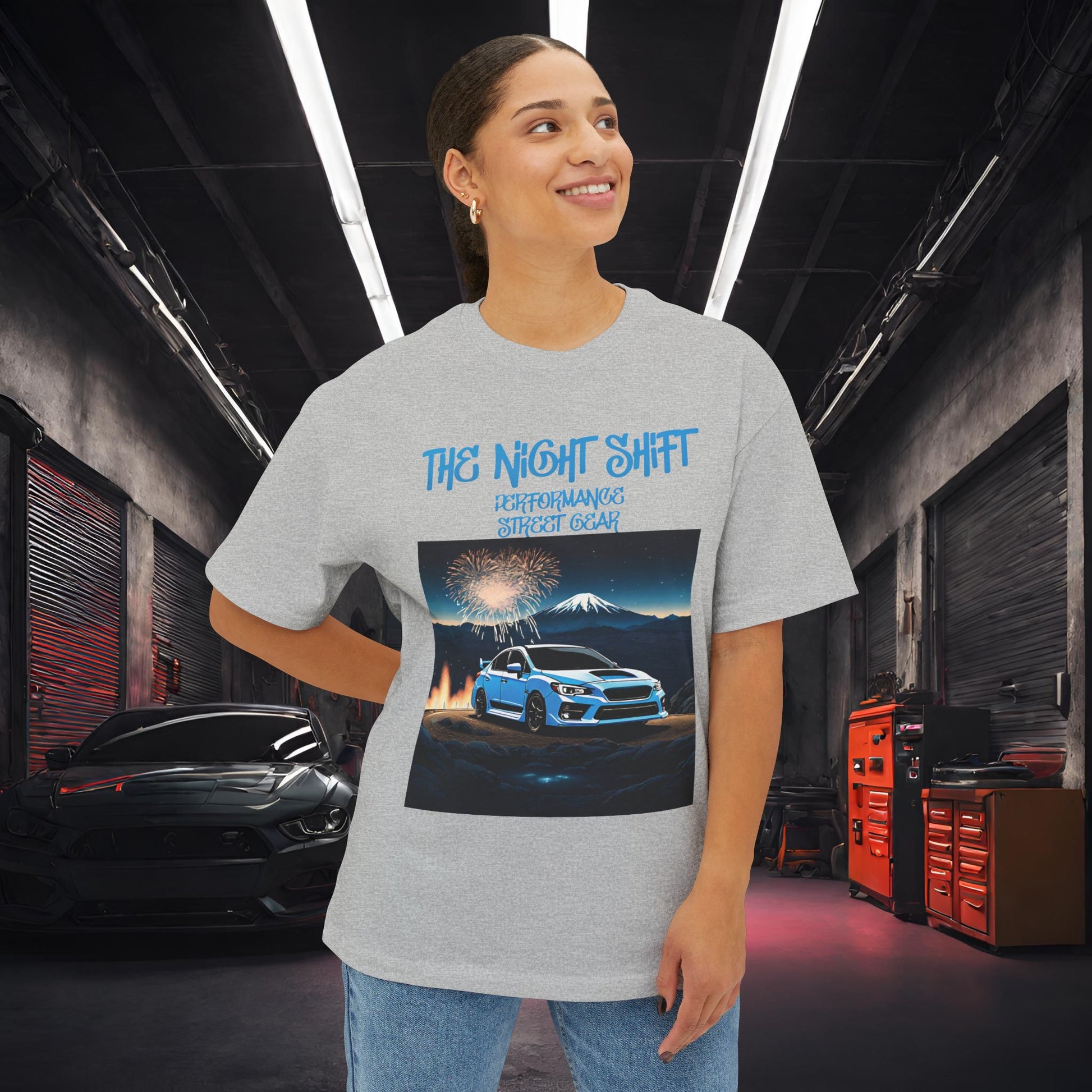 Subaru WRX/STI Fireworks In The Mountains - Premium, Ultra Soft Unisex Oversized Boxy Tee Printify by The Night Shift Automotive Apparel