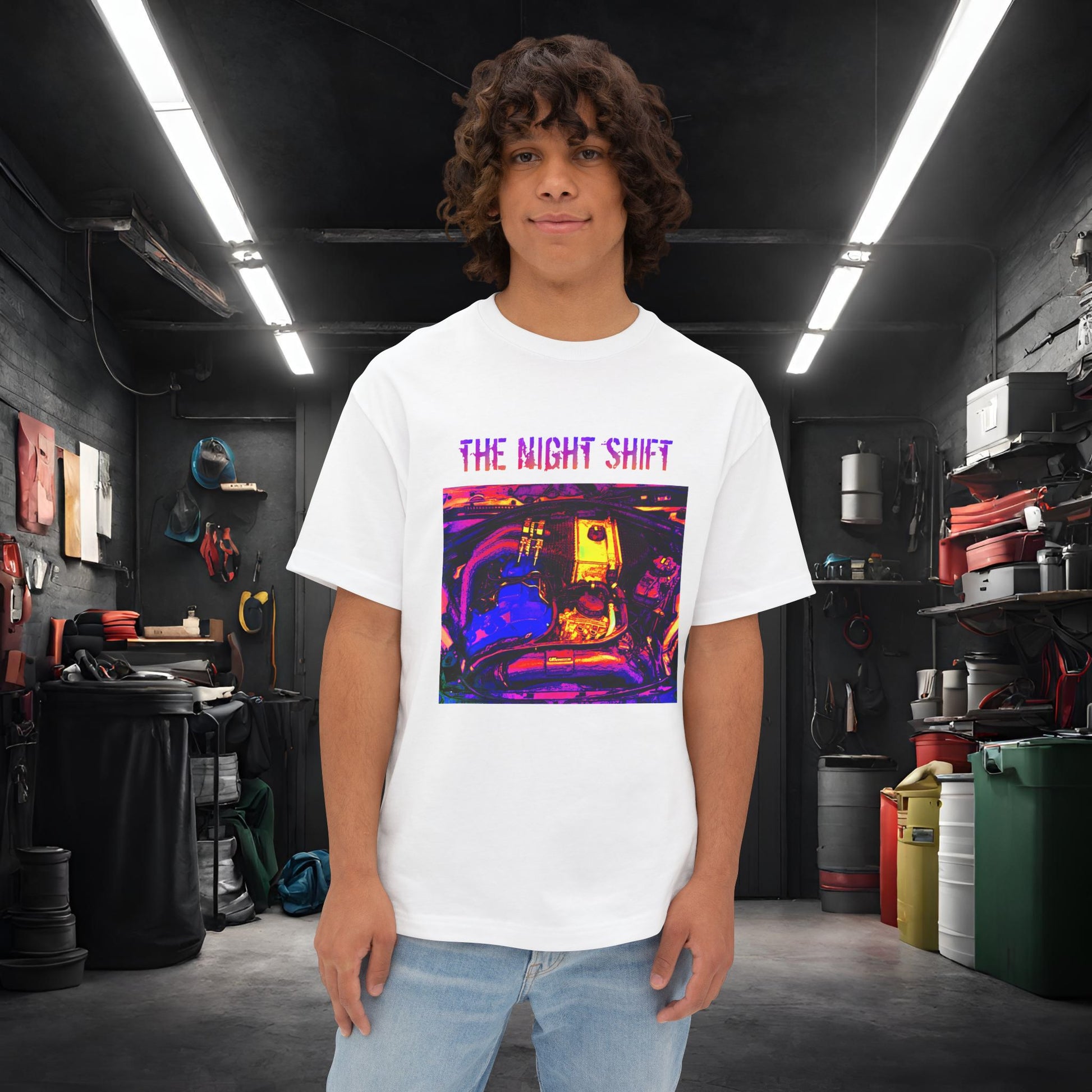 S55 Synthwave-Premium, Ultra Soft Unisex Oversized Boxy Tee White Printify by The Night Shift Automotive Apparel