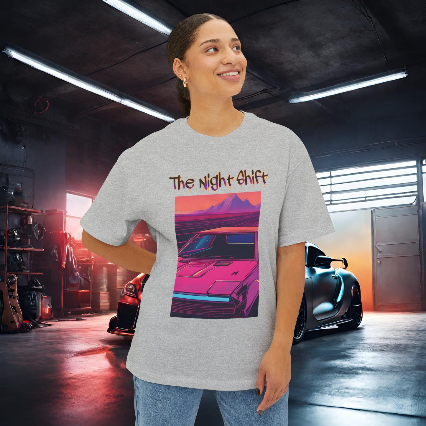 Nostalgic Synthwave-Premium, Ultra Soft Unisex Oversized Boxy Tee Printify by The Night Shift Automotive Apparel