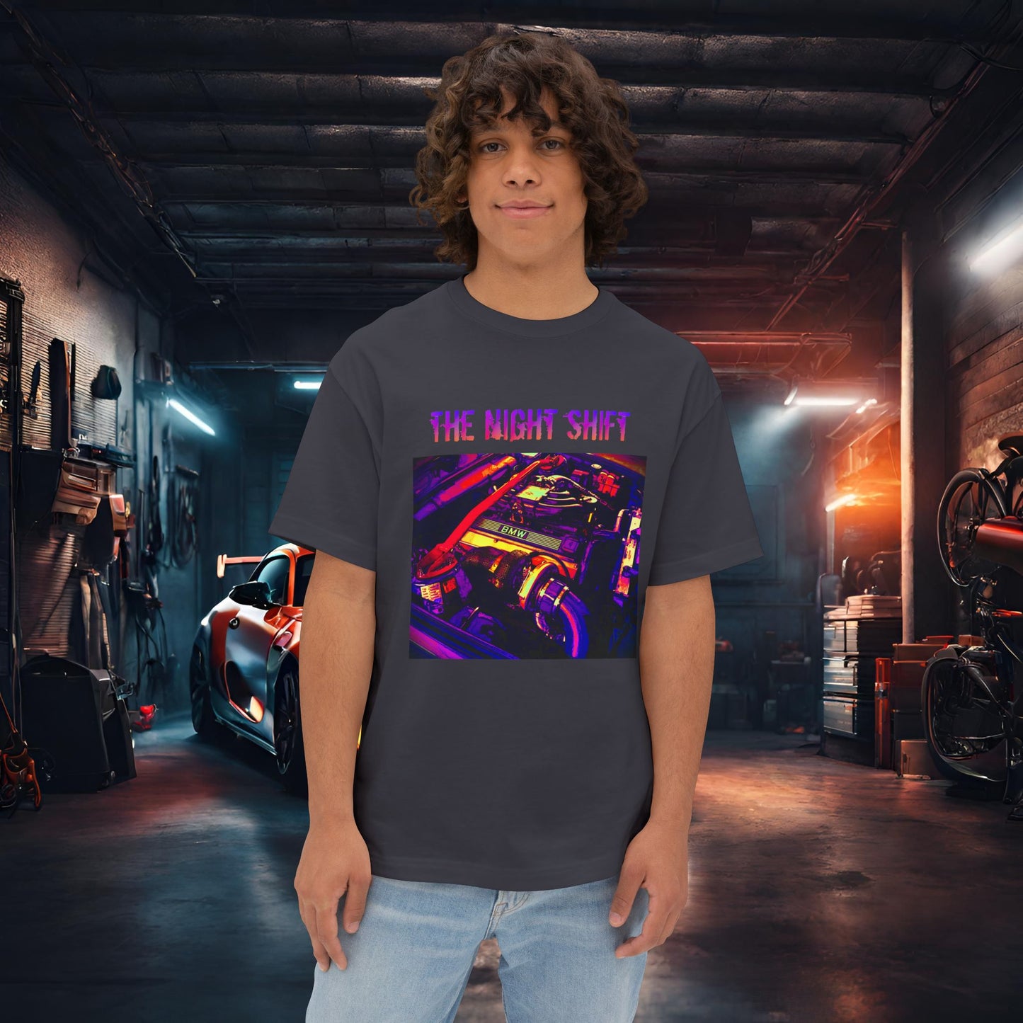 M20B30 Synthwave-Premium, Ultra Soft Unisex Oversized Boxy Tee Dark Grey Printify by The Night Shift Automotive Apparel