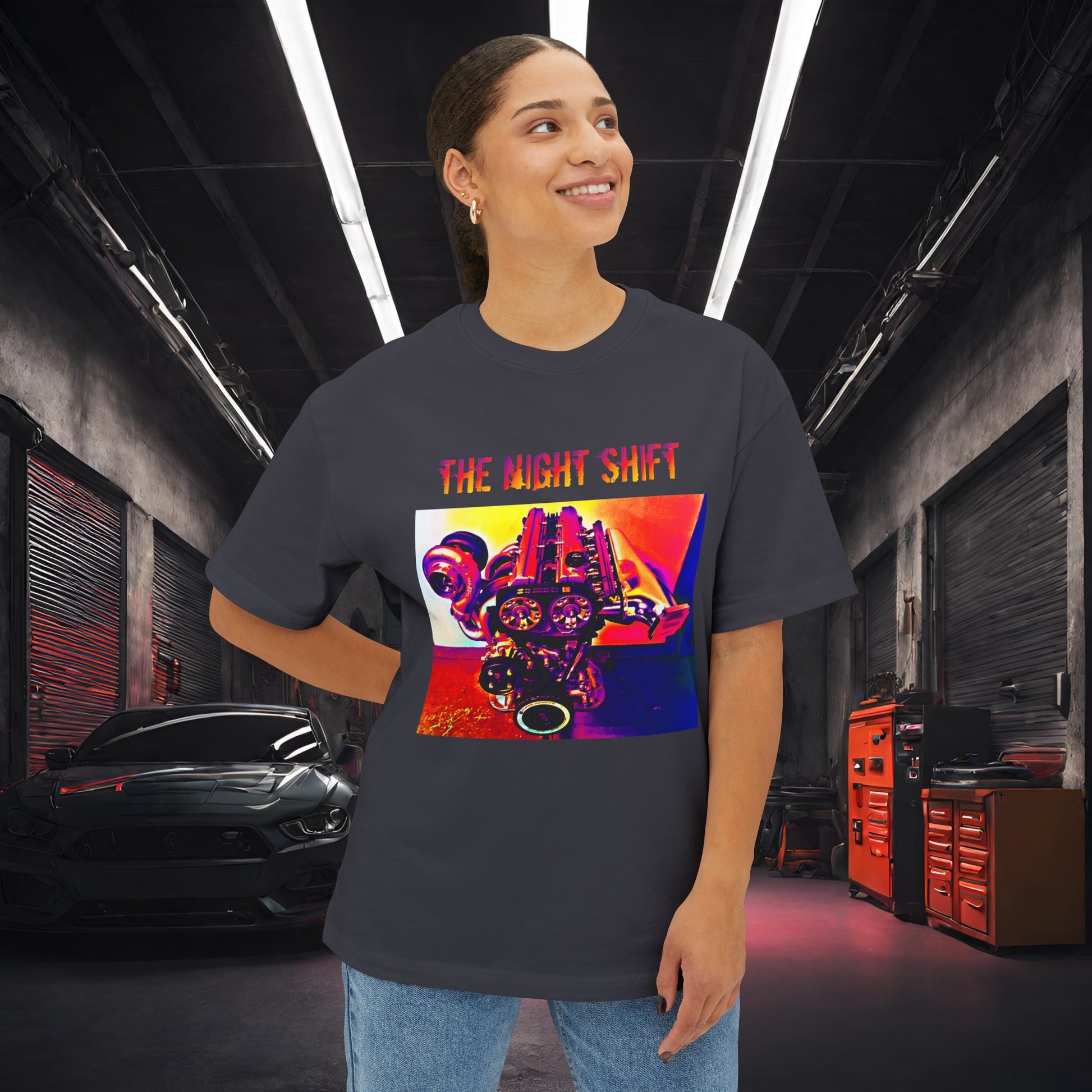 2JZ-GTE Single Turbo Synthwave-Premium, Ultra Soft Unisex Oversized Boxy Tee Printify by The Night Shift Automotive Apparel