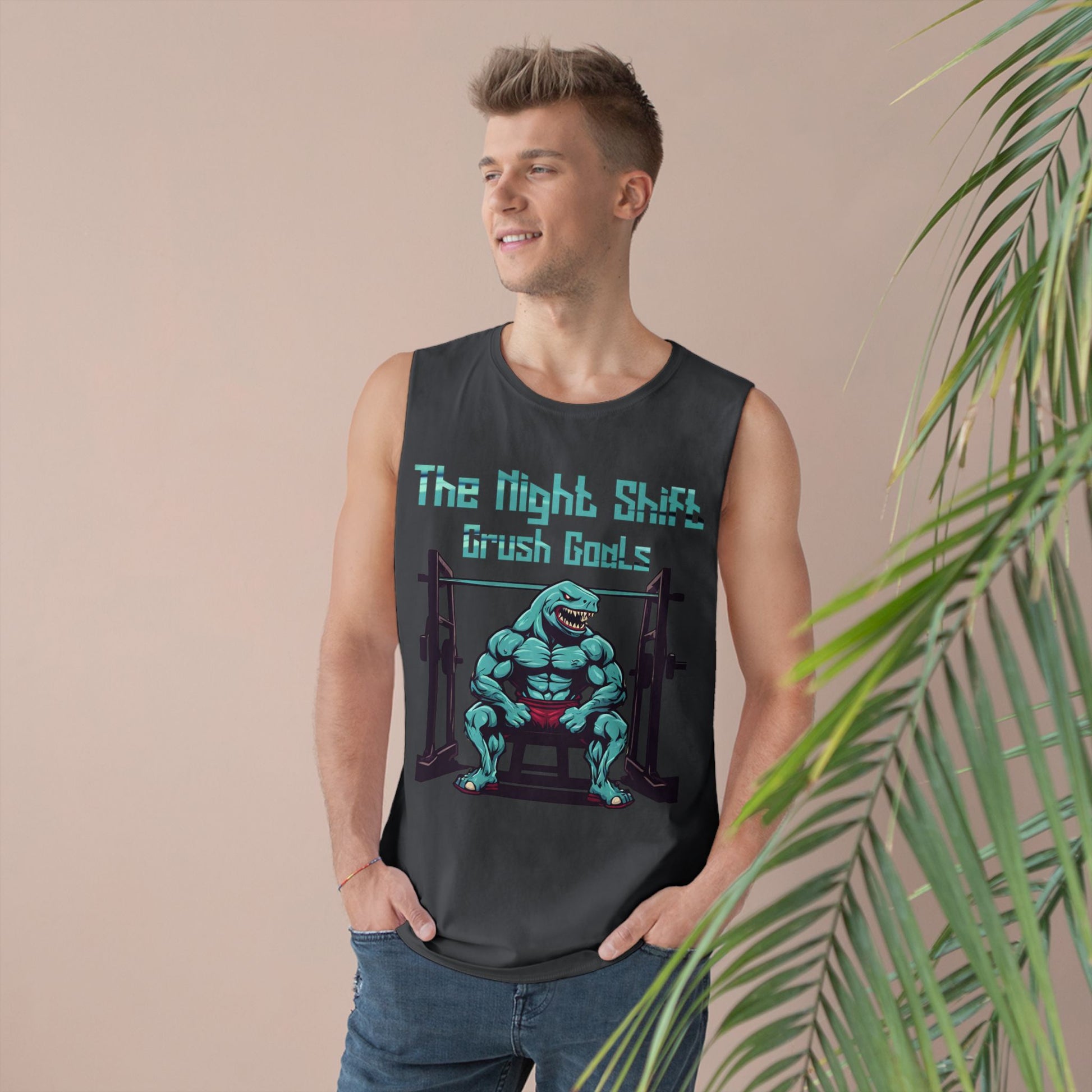 Crush Goals - Shark Body Builder - Premium Unisex Barnard Tank Top Printify by The Night Shift Automotive Apparel