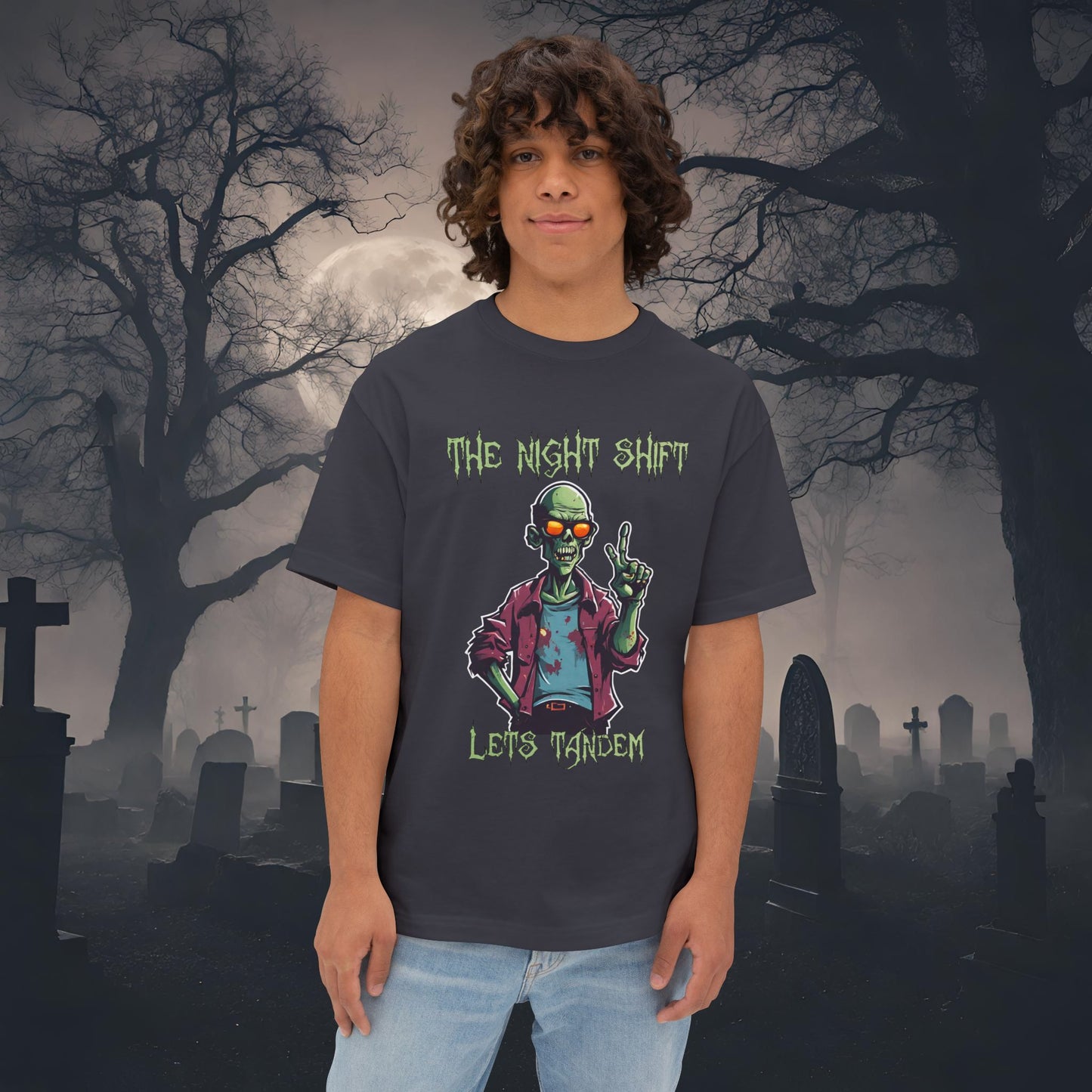 Lets Tandem Drift Zombie- Premium, Ultra Soft Unisex Oversized Boxy Tee Dark Grey Printify by The Night Shift Automotive Apparel