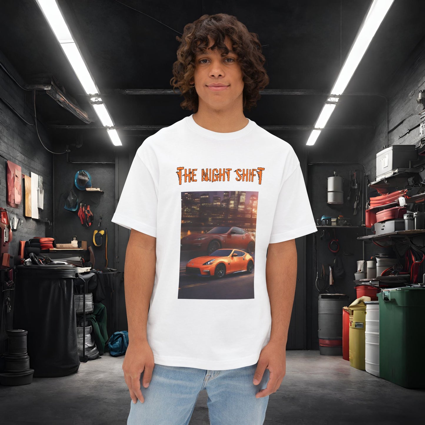 Nissan 370z Nismo Reflection-Premium, Ultra Soft Unisex Oversized Boxy Tee White Printify by The Night Shift Automotive Apparel