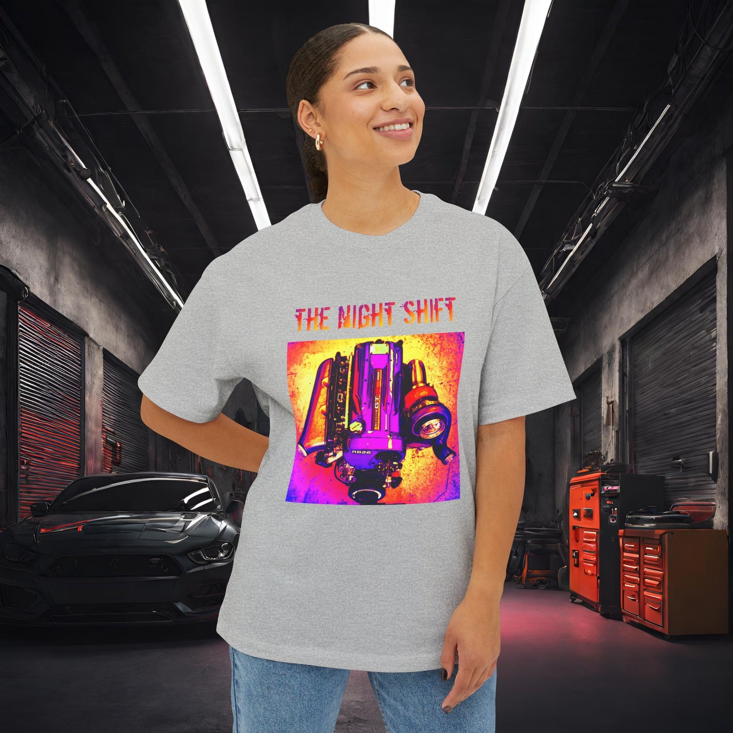 RB26DETT Synthwave-Premium, Ultra Soft Unisex Oversized Boxy Tee Printify by The Night Shift Automotive Apparel
