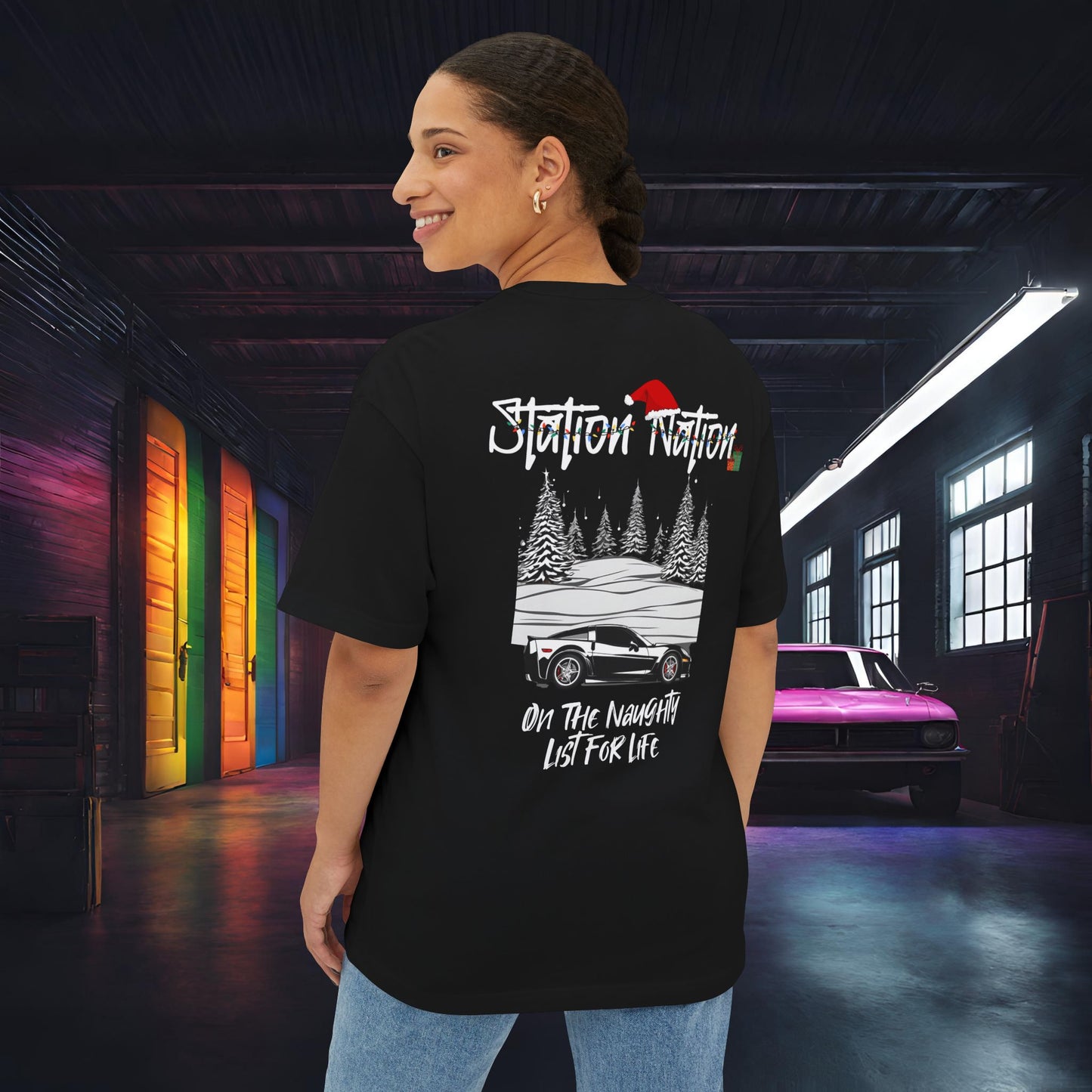 🎄 Christmas Limited Edition Station Nation-Premium, Ultra Soft Unisex Oversized Boxy Tee Black Printify by The Night Shift Automotive Apparel