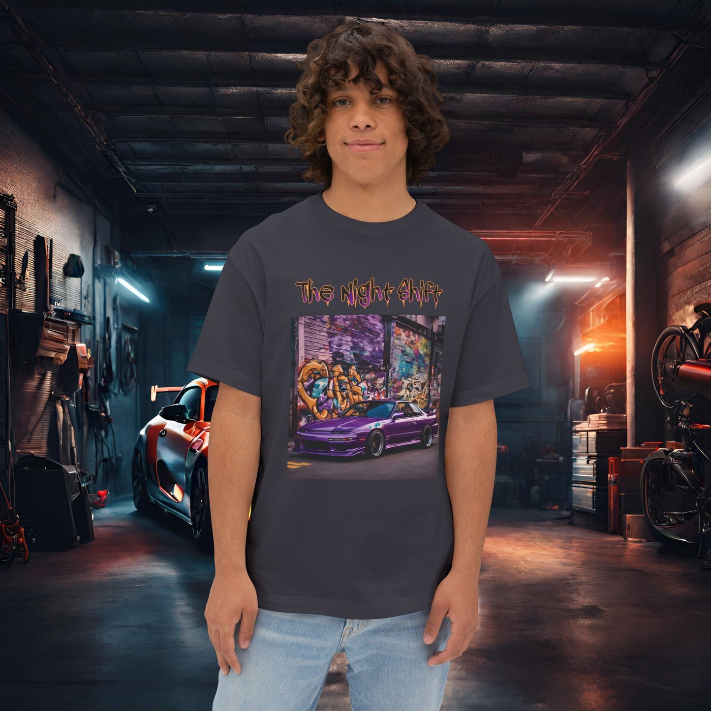 Nissan 240sx Graffiti-Premium, Ultra Soft Unisex Oversized Boxy Tee Dark Grey Printify by The Night Shift Automotive Apparel