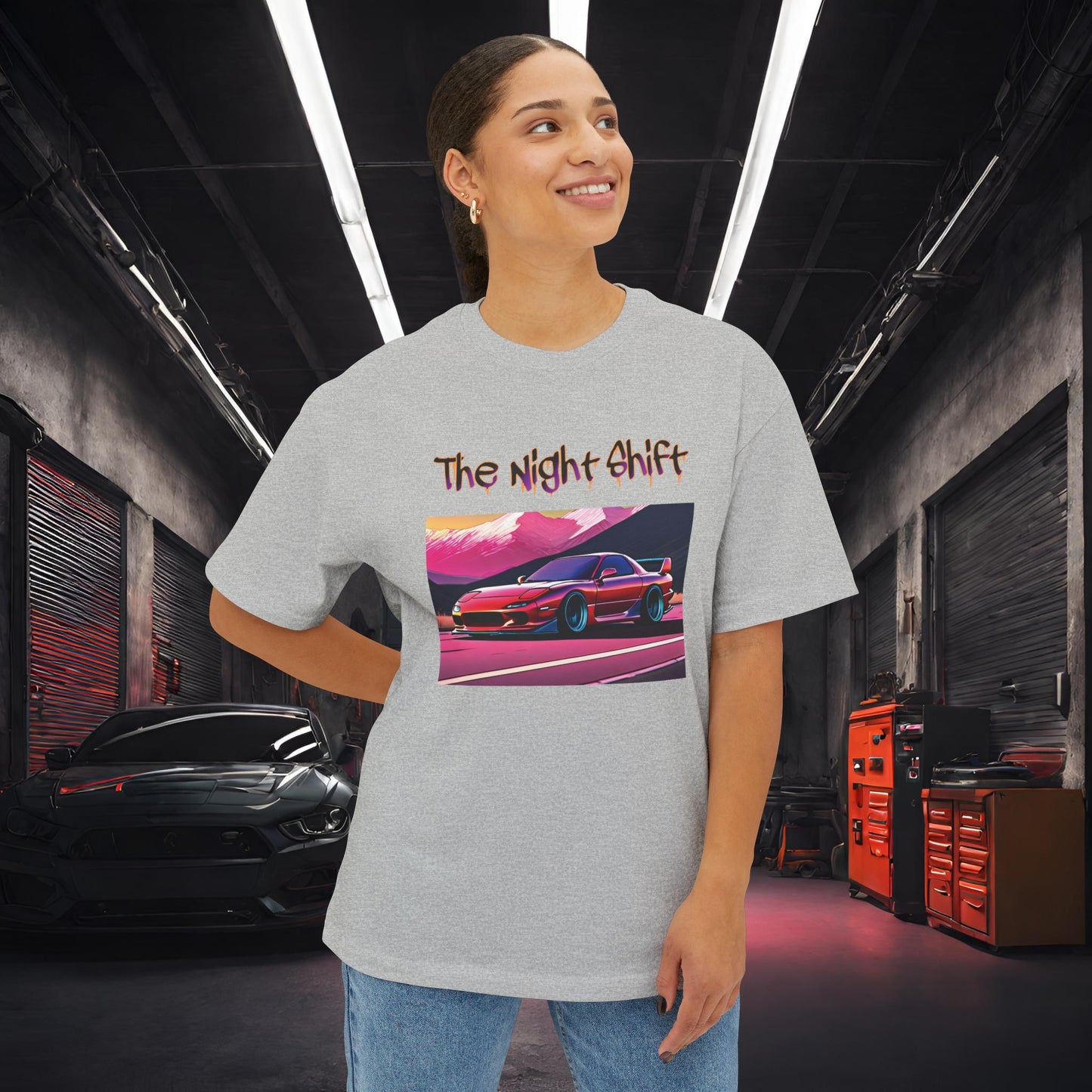 Mazda RX7 Synthwave-Premium, Ultra Soft Unisex Oversized Boxy Tee Printify by The Night Shift Automotive Apparel