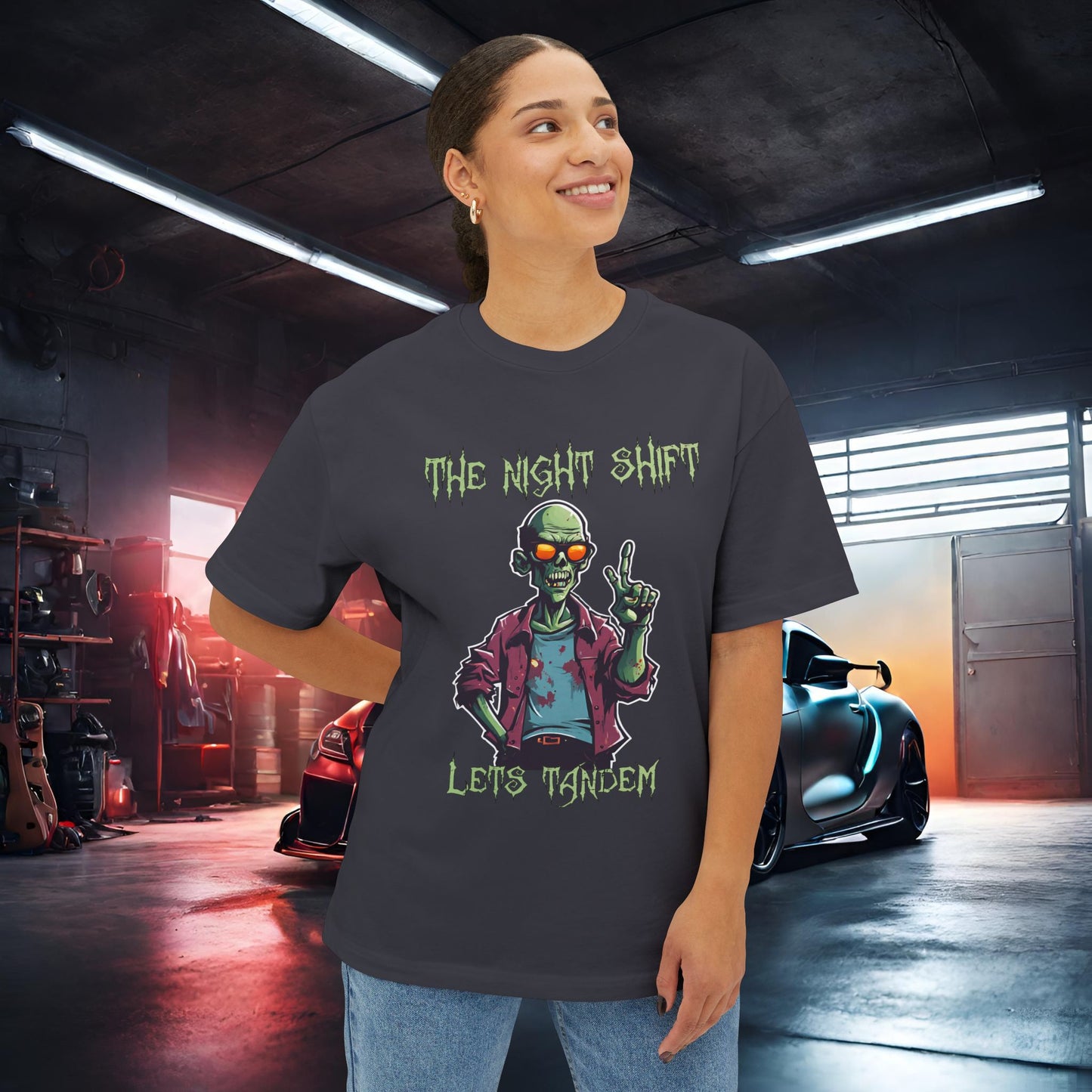 Lets Tandem Drift Zombie- Premium, Ultra Soft Unisex Oversized Boxy Tee Printify by The Night Shift Automotive Apparel