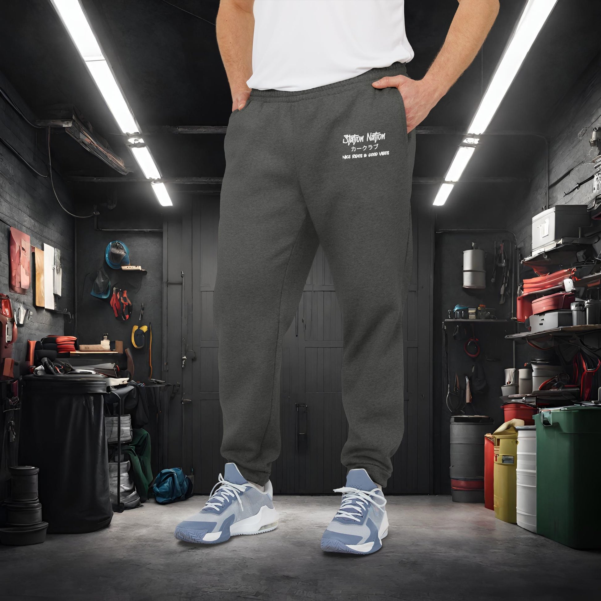 Station Nation-Adidas Unisex Fleece Joggers Dark Grey Heather Printify by The Night Shift Automotive Apparel