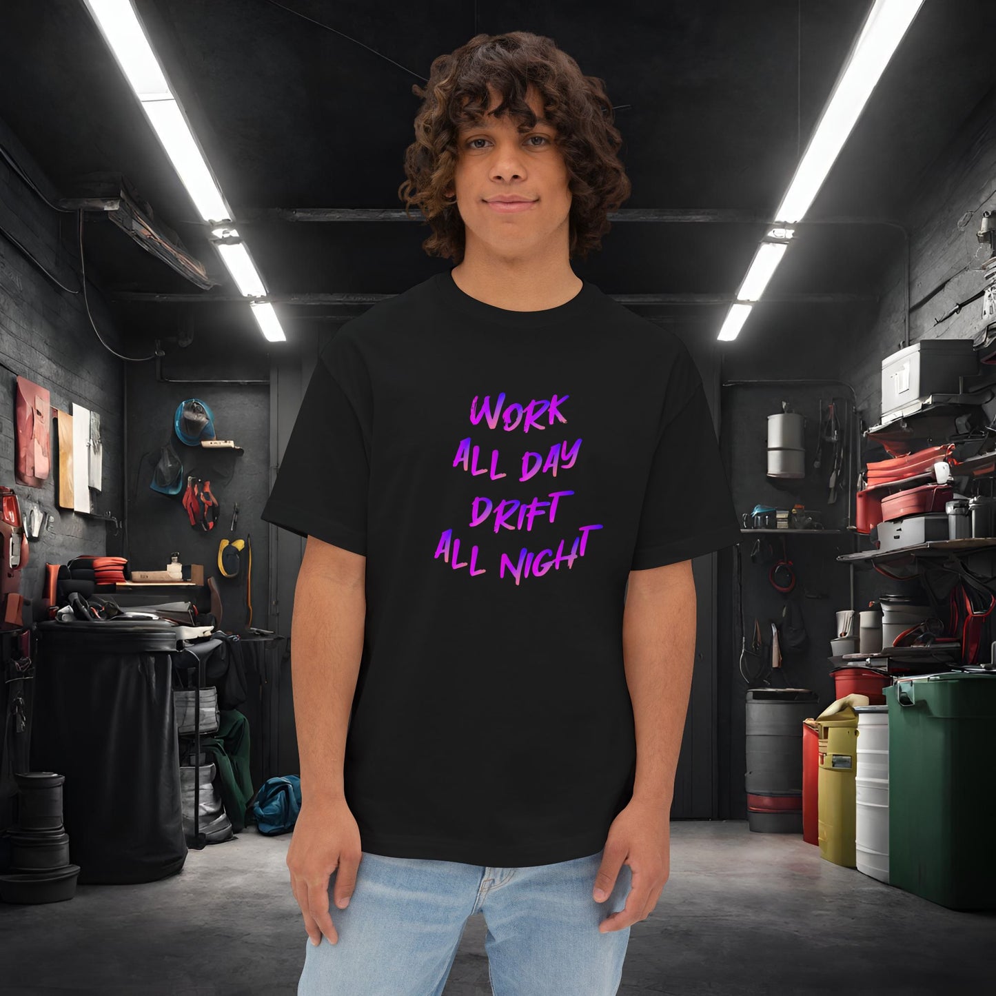 Work All Day, Drift All Night-Premium, Ultra Soft Unisex Oversized Boxy Tee Black Printify by The Night Shift Automotive Apparel