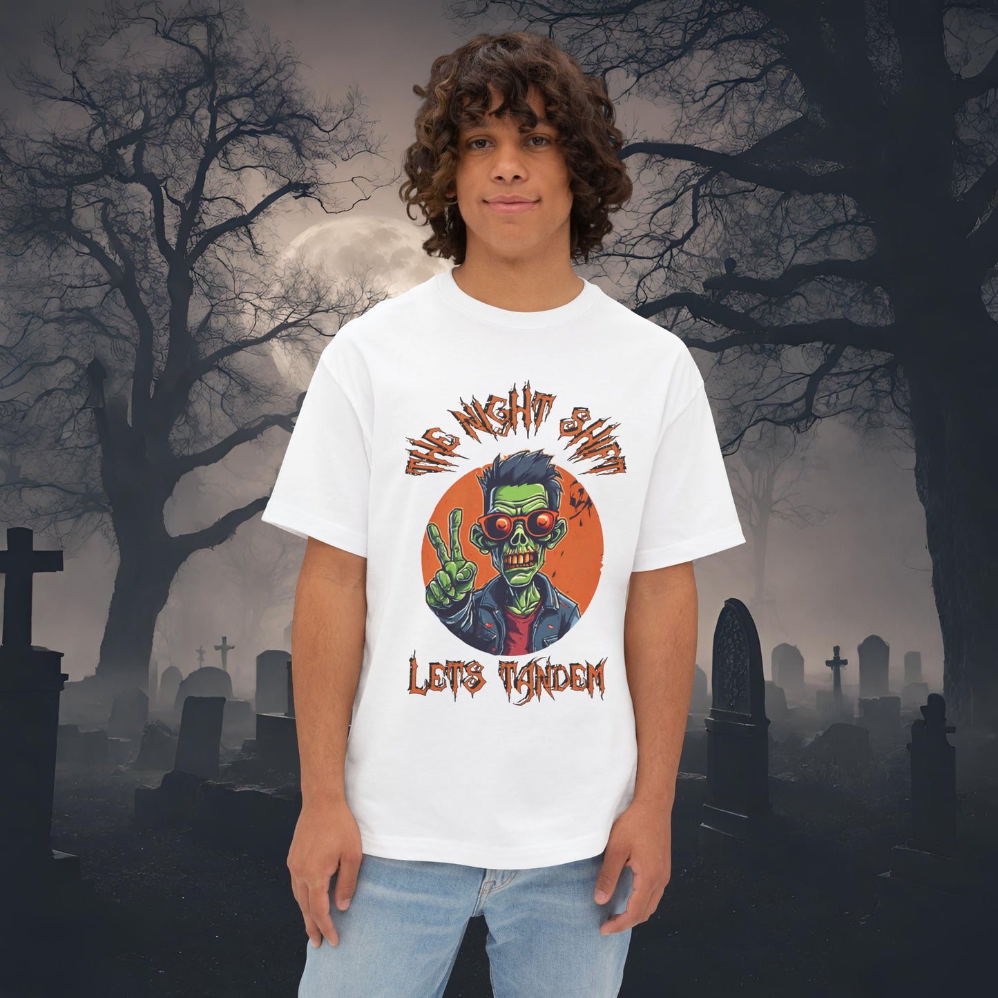 Lets Tandem Drift Zombie Logo-Premium, Ultra Soft Unisex Oversized Boxy Tee White Printify by The Night Shift Automotive Apparel