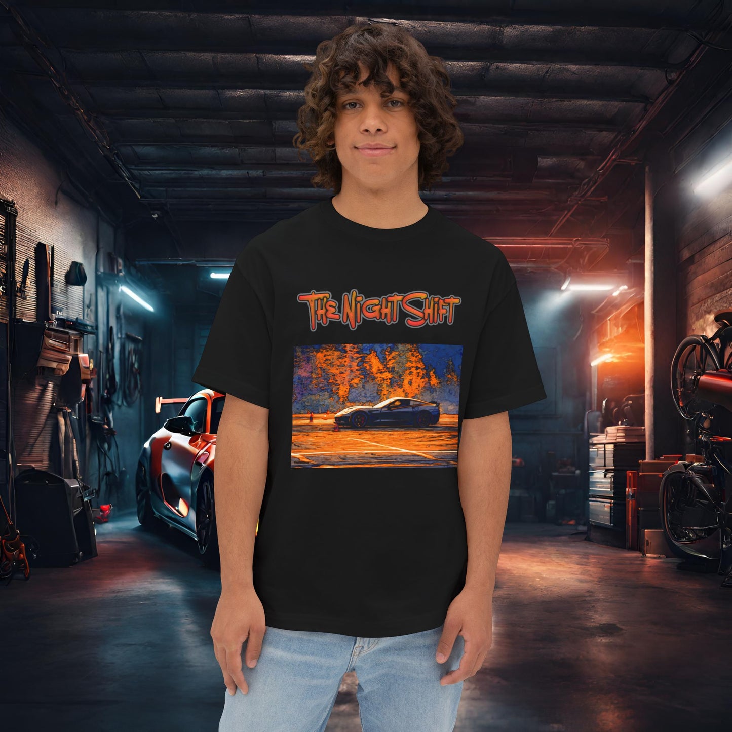 Chevy Corvette C7 Drifting Nedco NHMS-Premium, Ultra Soft Unisex Oversized Boxy Tee Black Printify by The Night Shift Automotive Apparel