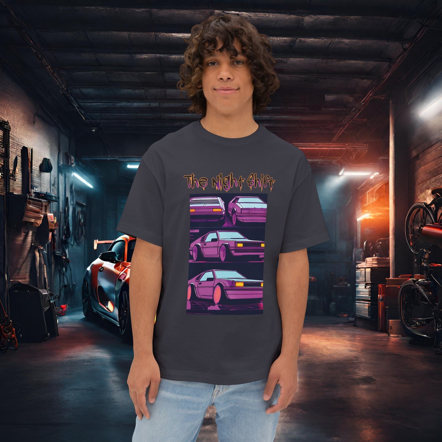Time Warp-Premium, Ultra Soft Synthwave Unisex Oversized Boxy Tee Dark Grey Printify by The Night Shift Automotive Apparel