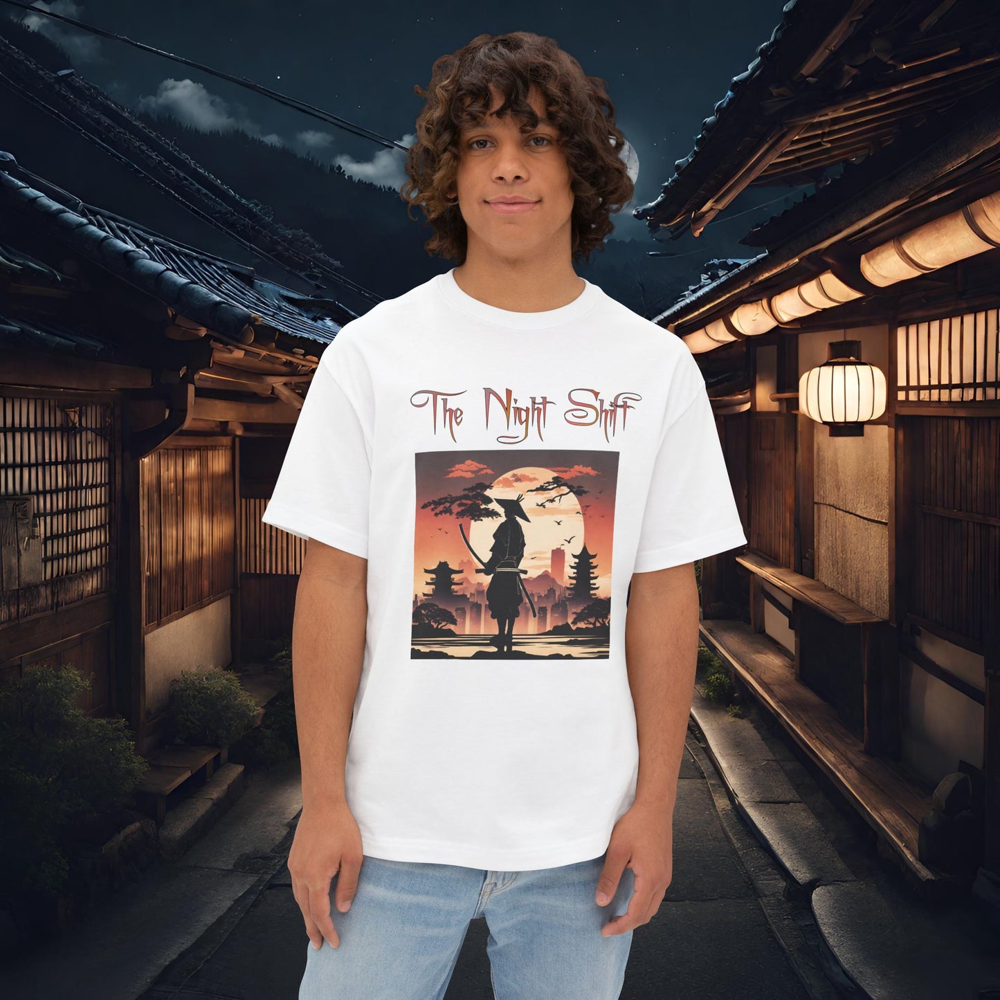 Samurai Full Moon Silhouette-Premium, Ultra Soft Unisex Oversized Boxy Tee White Printify by The Night Shift Automotive Apparel