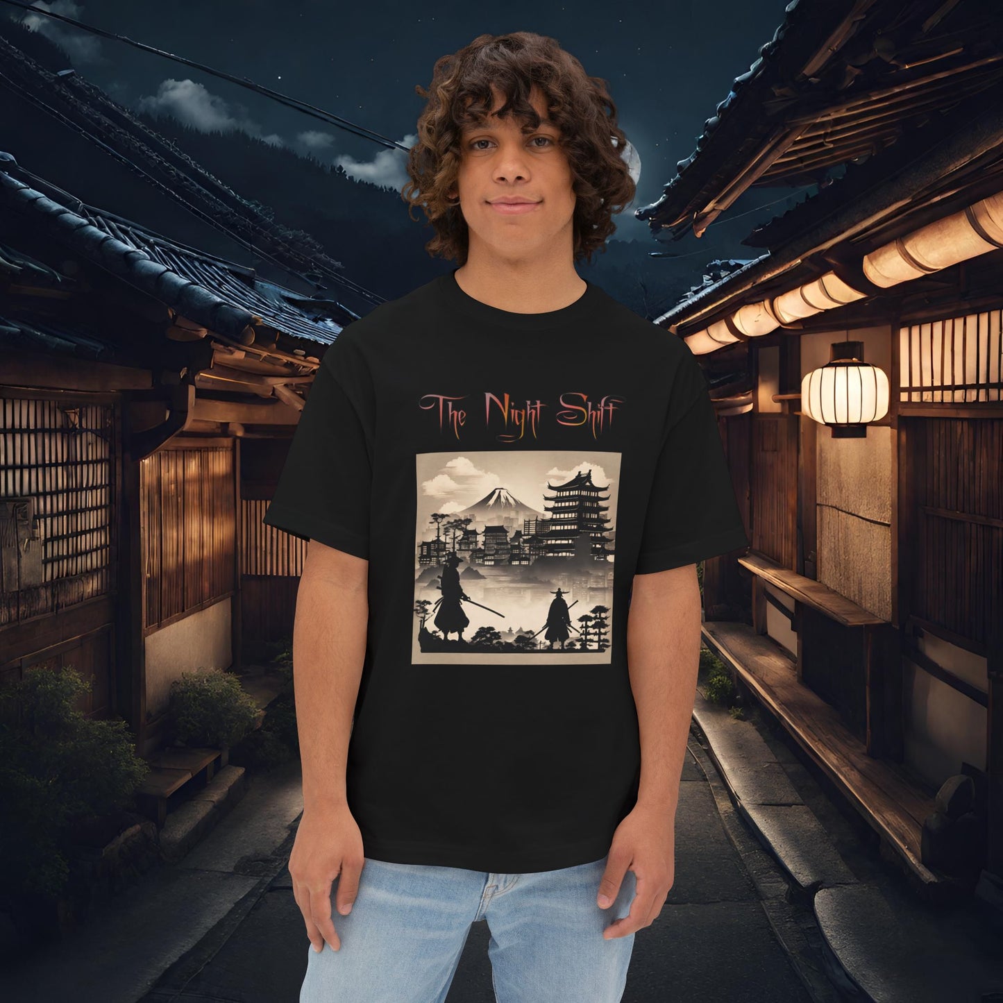 Samurai Silhouette-Premium, Ultra Soft Unisex Oversized Boxy Tee Black Printify by The Night Shift Automotive Apparel